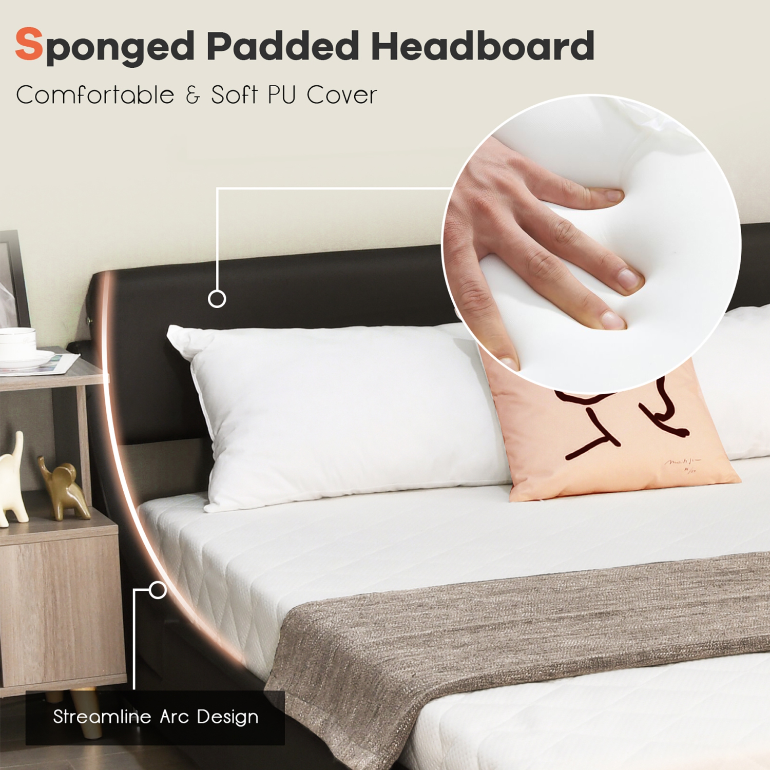 Costway Full Faux Leather Upholstered Platform Bed Adjustable Headboard Black