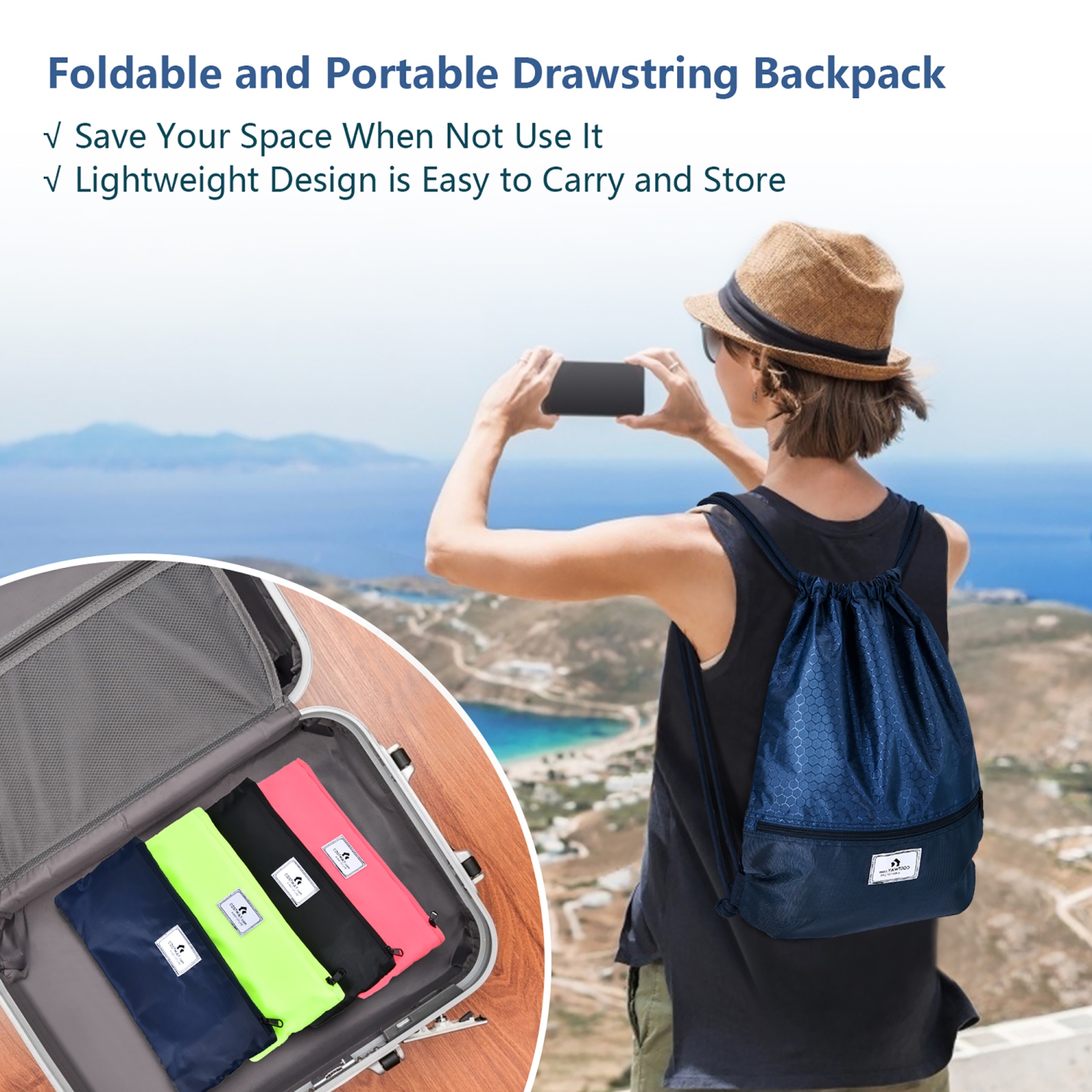 Sac à dos pliable à cordon et pochette à fermeture à glissière de Costway