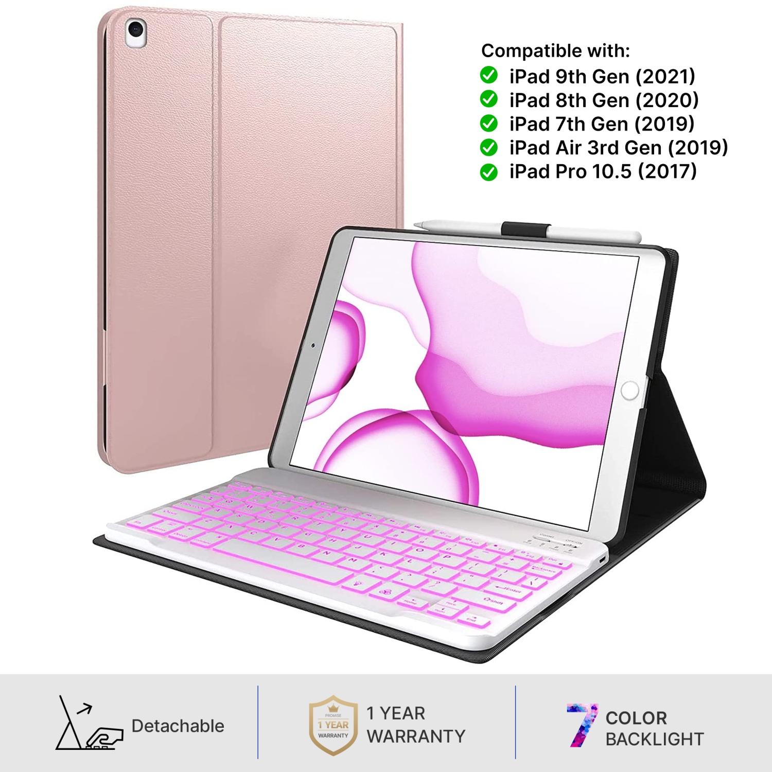 Typecase Keyboard Case for 10.2" iPad 9th Generation 2021, 8th & 7th & Air 3rd Gen & iPad Pro 10.5 - Slim Leather Folio Smart Cover - 7 Color Backlit Keyboard, Pen Holder - Pink