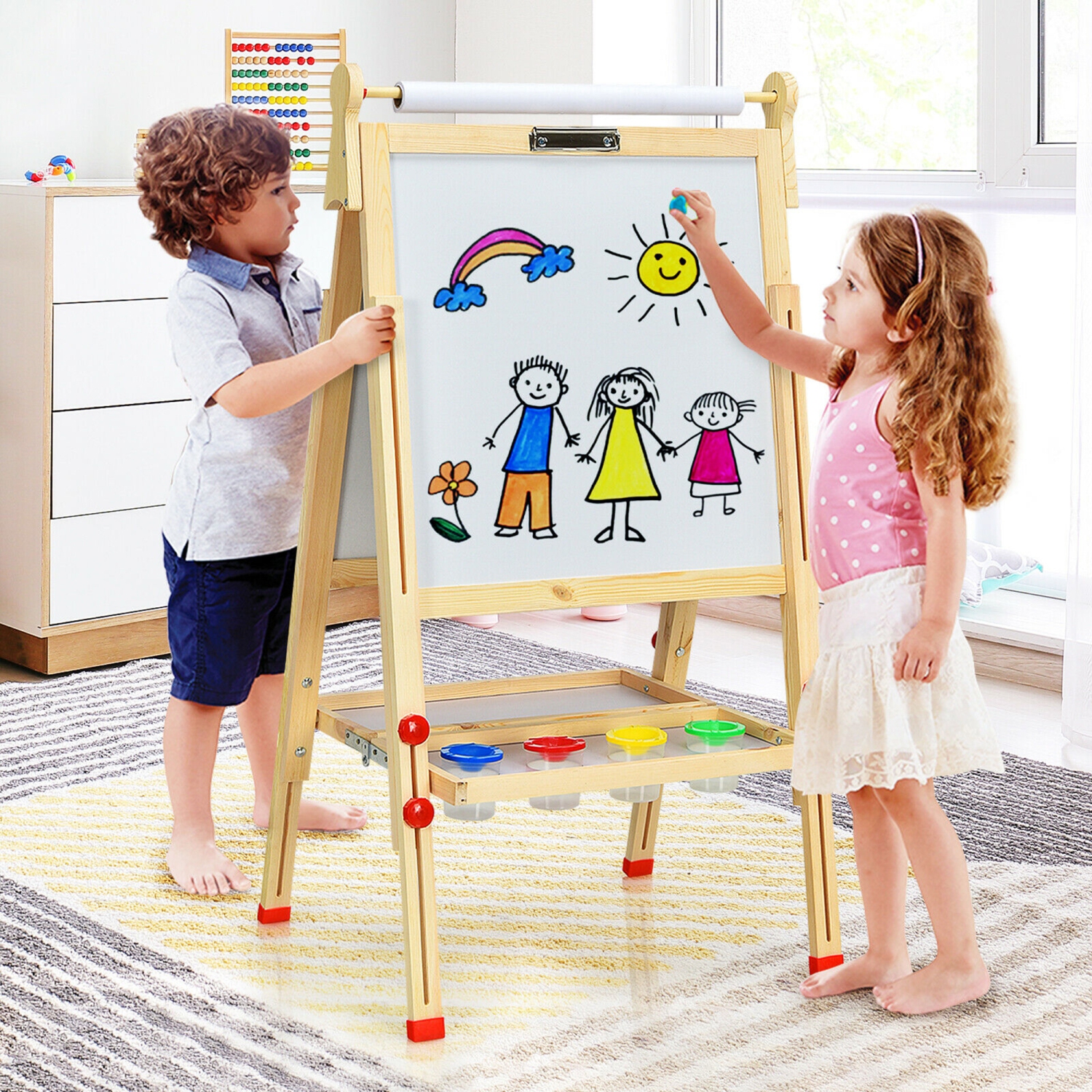 Gymax Kids Art Easel w/Paper Roll Double-Sided Adjustable Drawing Easel Board
