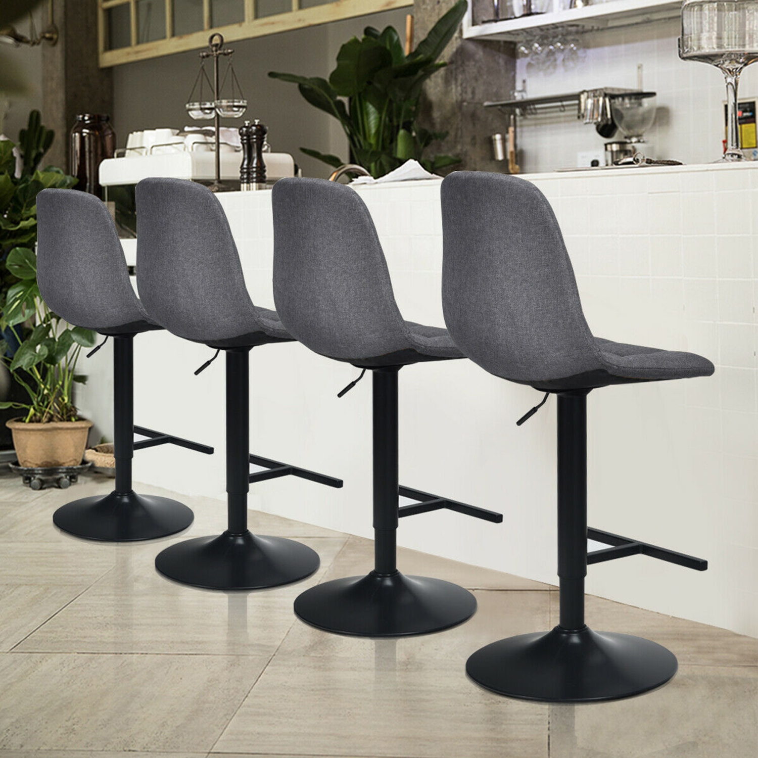 Gymax Set of 4 Adjustable Bar Stools Swivel Counter Height Linen Chairs with Back Gray