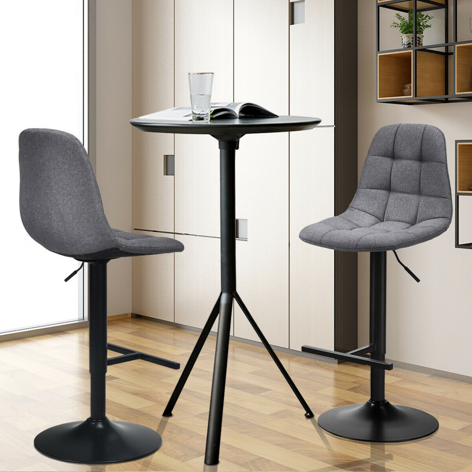Gymax Set of 4 Adjustable Bar Stools Swivel Counter Height Linen Chairs with Back Gray