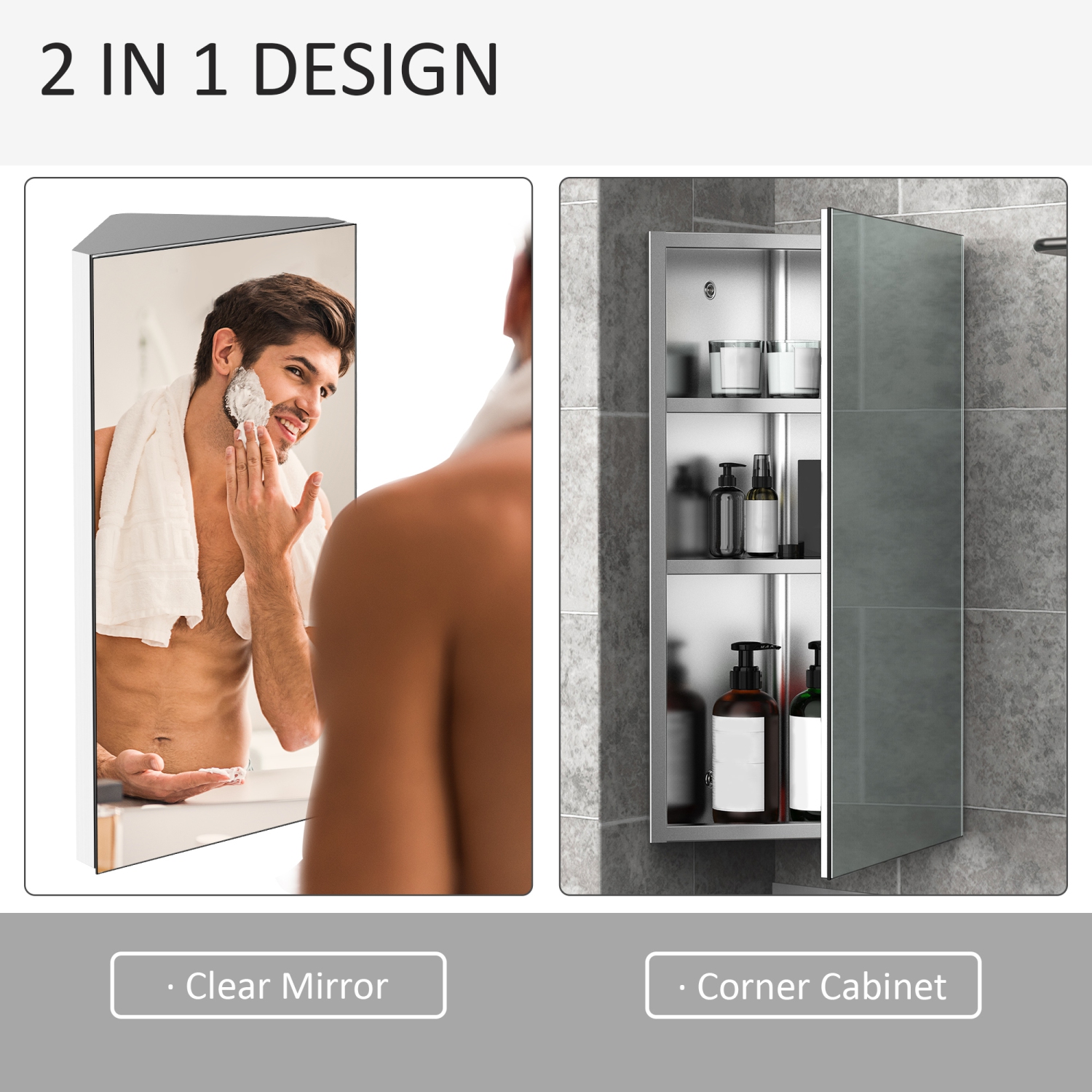HOMCOM Wall mounted Bathroom Corner Mirror Storage Cabinet Stainless Steel with Single Door