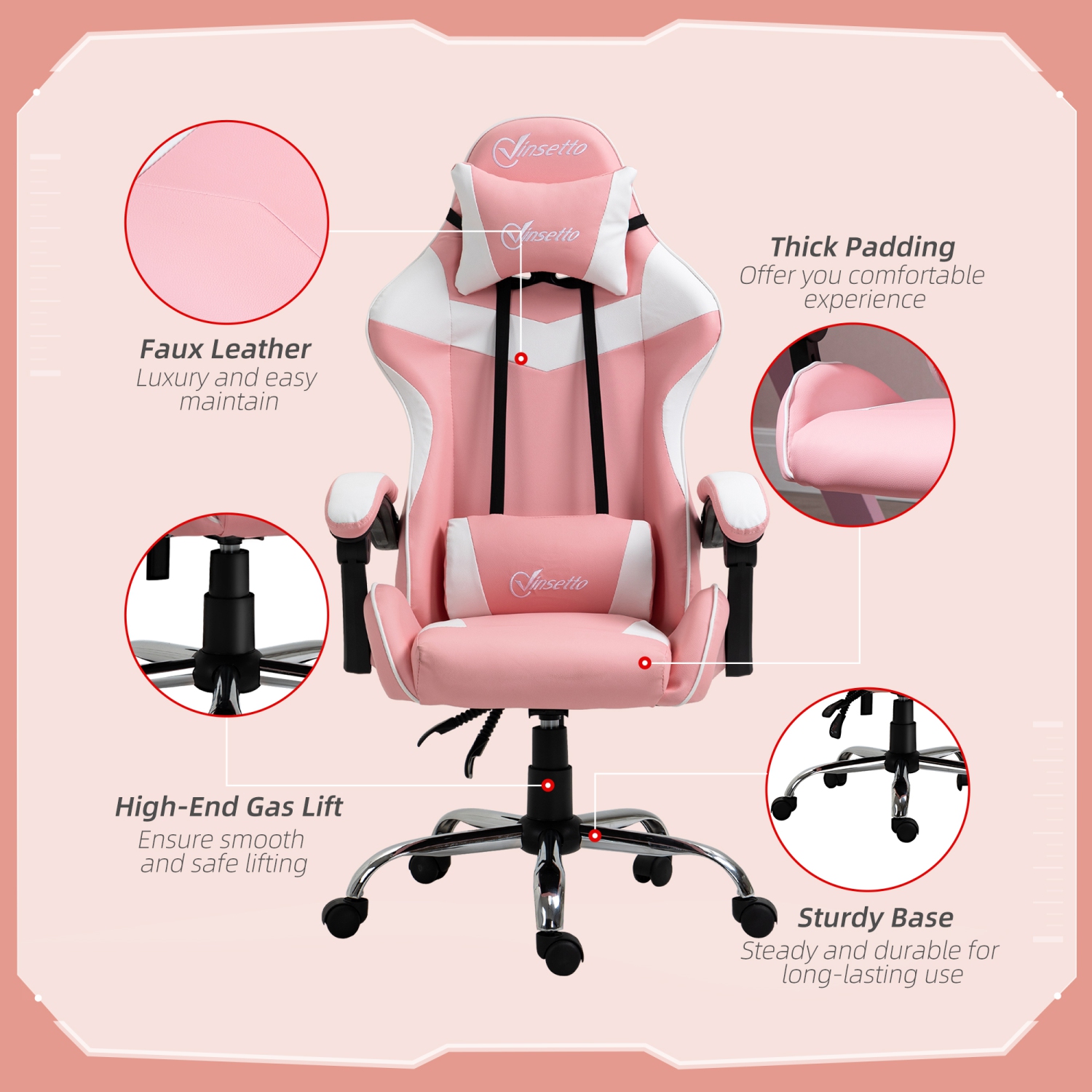 Vinsetto Racing Gaming Chair with Lumbar Support, Head Pillow, Swivel  Wheels, High Back Recliner Gamer Desk, Pink