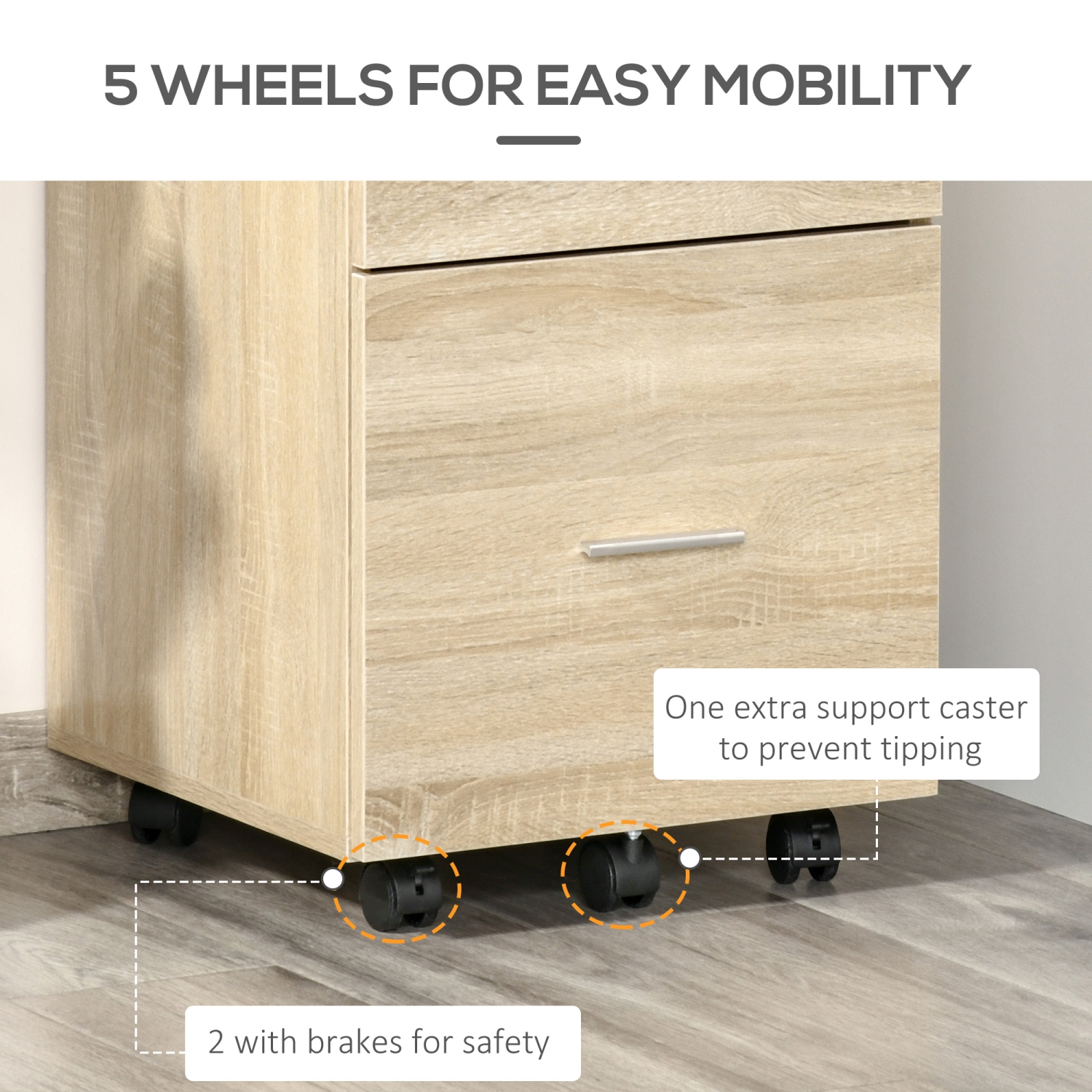 Vinsetto Vertical Filing Cabinet with Wheels, 2-Drawer Mobile File Cabinet, Office Storage Cabinet for Letter or A4 File, Study Home Office, Natural