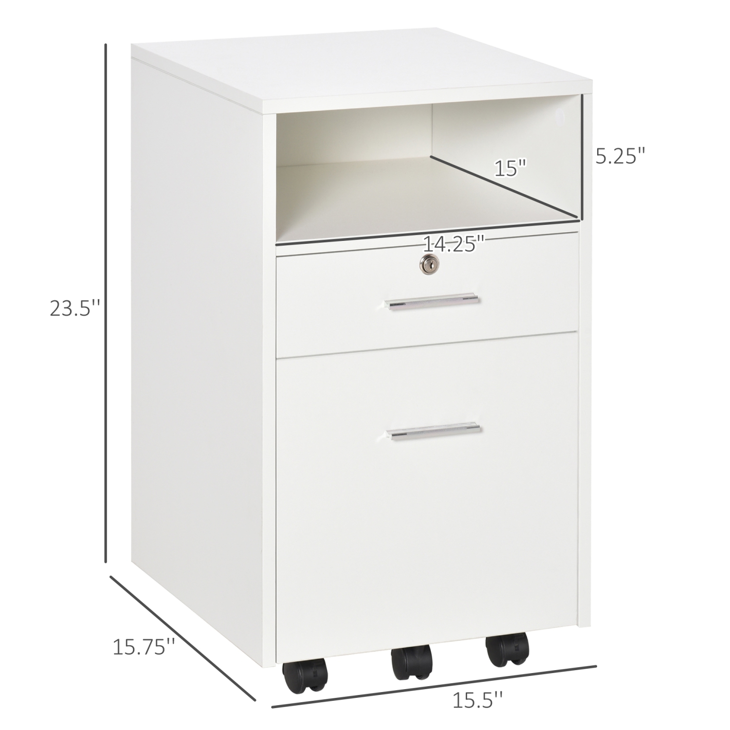 Vinsetto 2 Drawer Filing Cabinet with Lock, Vertical File Cabinet with Wheels, Mobile Office Cabinet for A4, Letter Size, White