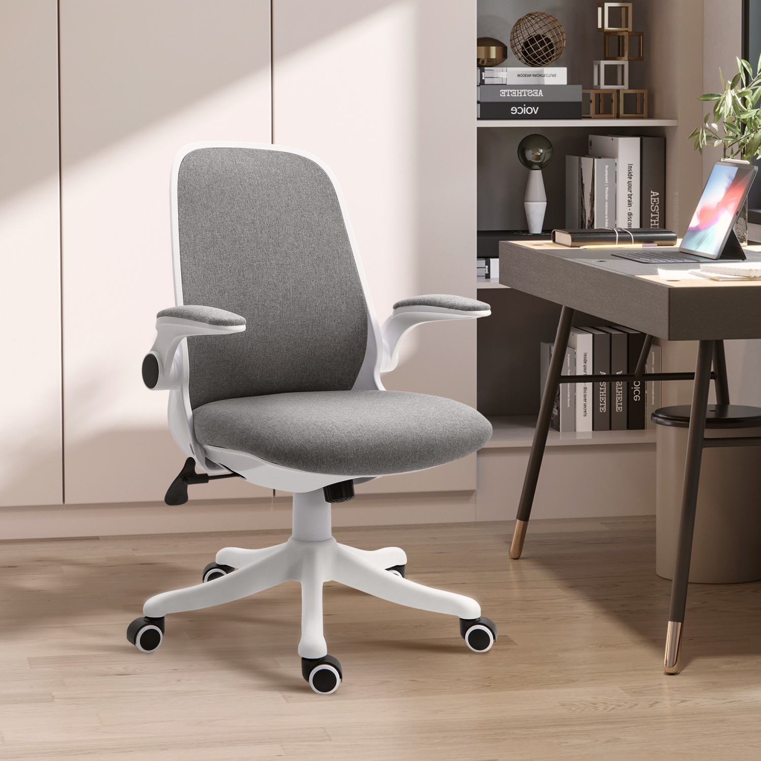 Chaise de bureau pivotante à 360 ° de Vinsetto Chaise d'ordinateur en tissu respirant avec accoudoirs rabattables et hauteur réglable, Gris