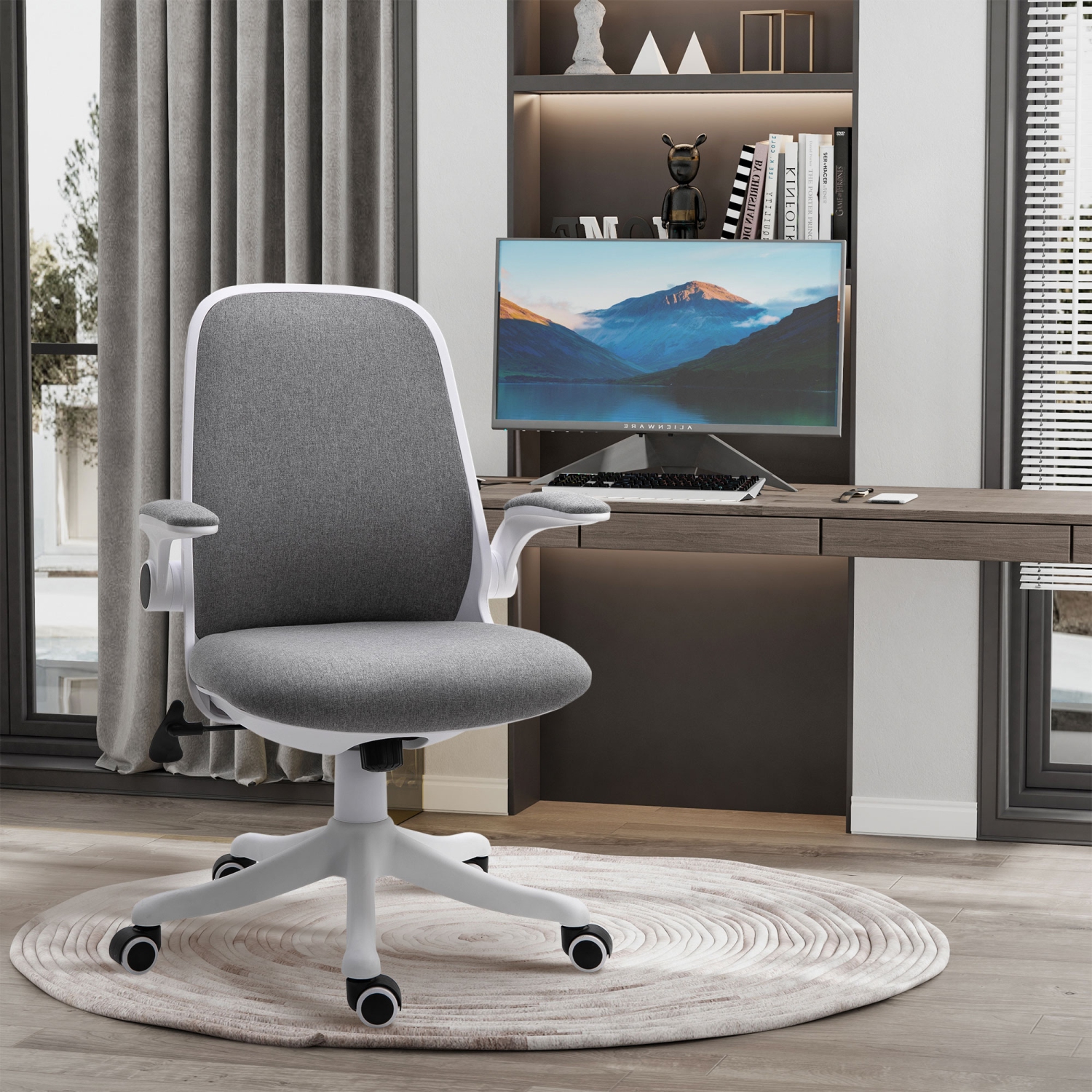 Chaise de bureau pivotante à 360 ° de Vinsetto Chaise d'ordinateur en tissu respirant avec accoudoirs rabattables et hauteur réglable, Gris