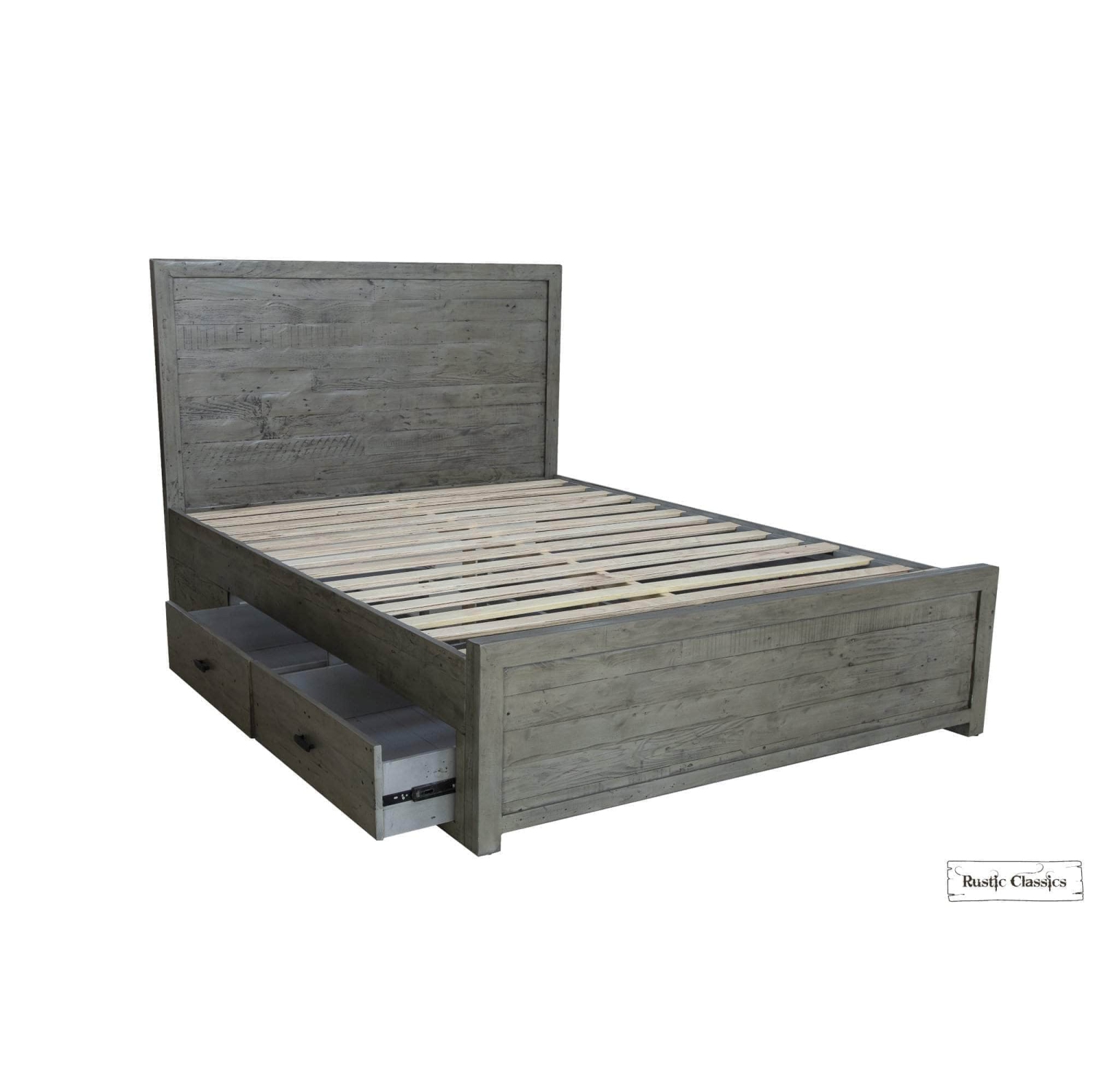Rustic Classics Whistler Reclaimed Wood Platform Bed with 4 Storage Drawers in Grey