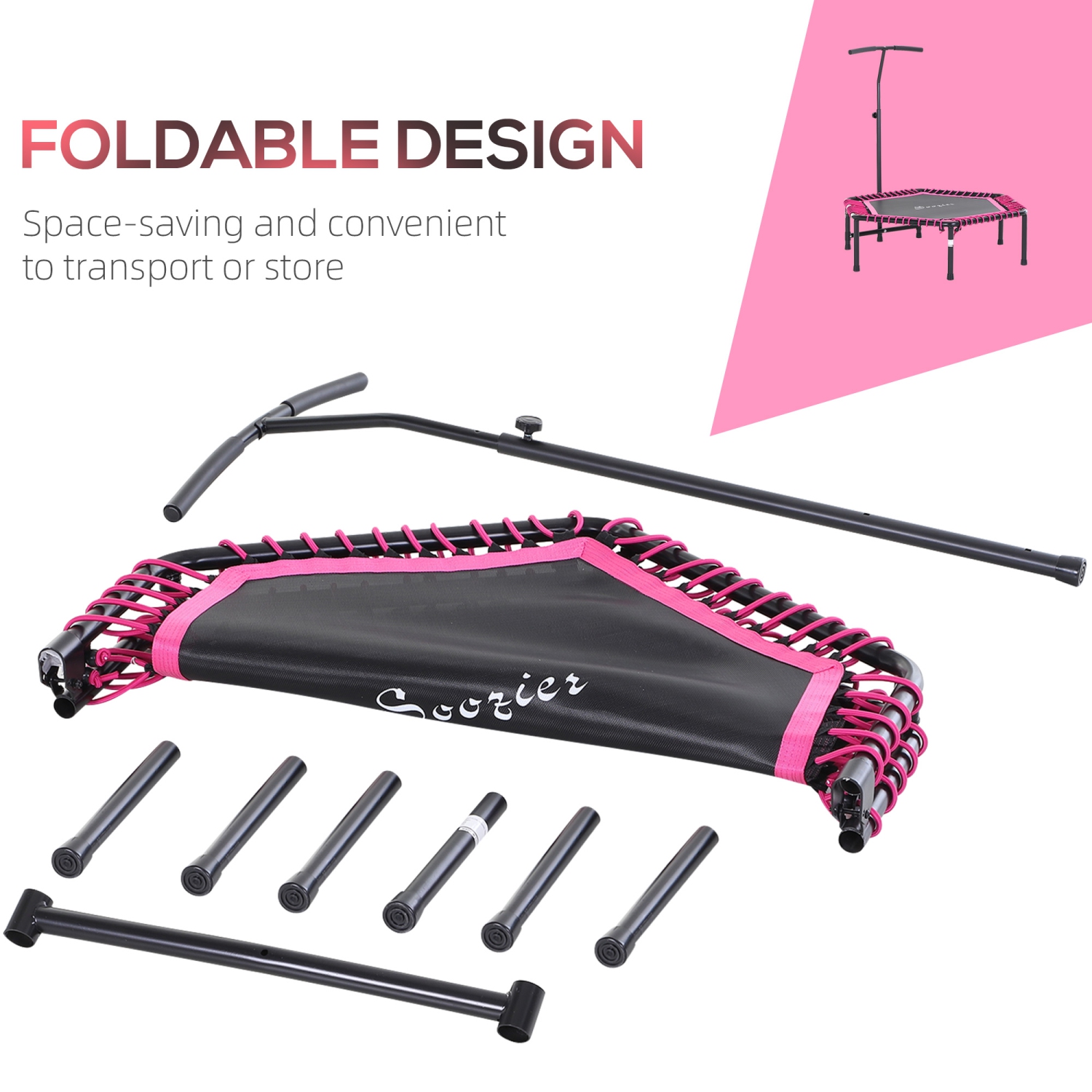 Soozier 48" Adult Hexagon Rebounder Trampoline Fitness Bungee Jumping Cardio Trainer Outdoor Bouncer Jumper Adjustable Bar Pink