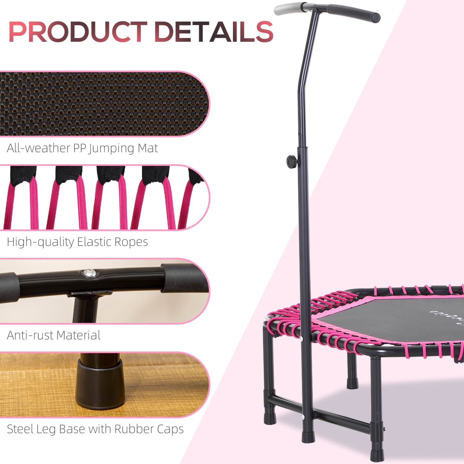 Soozier 48" Adult Hexagon Rebounder Trampoline Fitness Bungee Jumping Cardio Trainer Outdoor Bouncer Jumper Adjustable Bar Pink