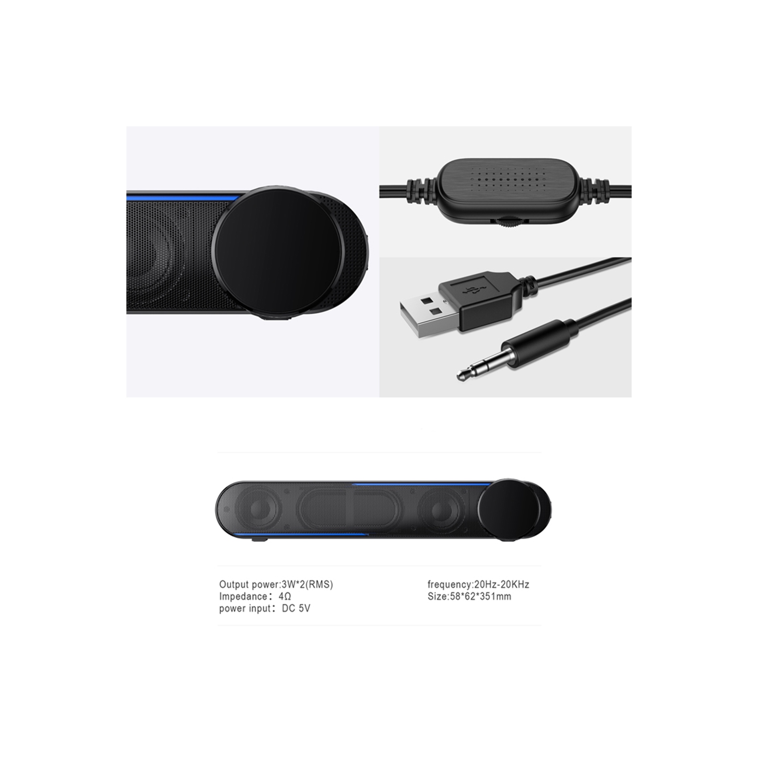 Havit M18 Double Drivers HiFi Bass 3.5MM AUX AND USB Power LED Desktop Speaker Computer Sound Bar_Black