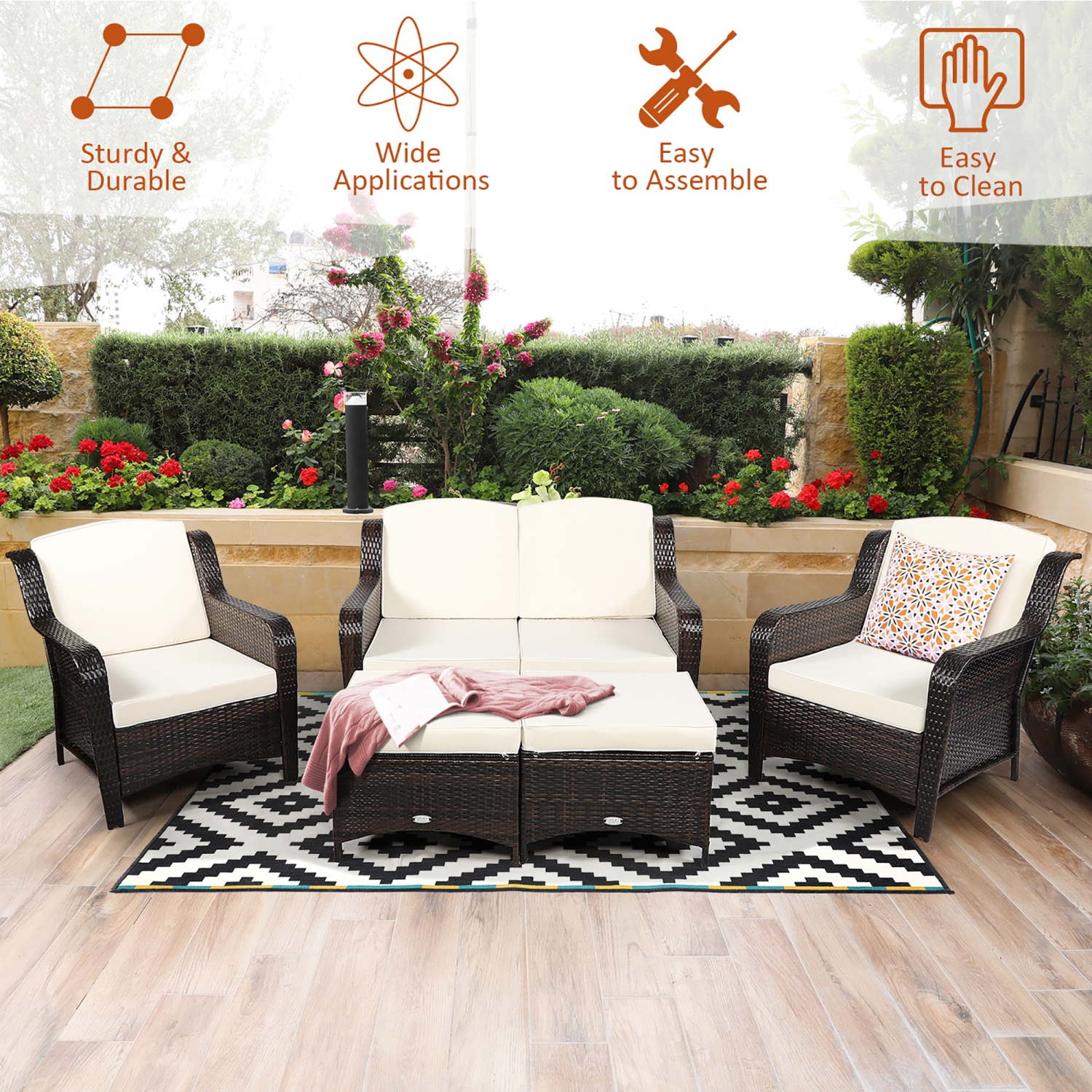 Costway 5PCS Patio Rattan Furniture Set Loveseat Sofa Ottoman W/Cushion