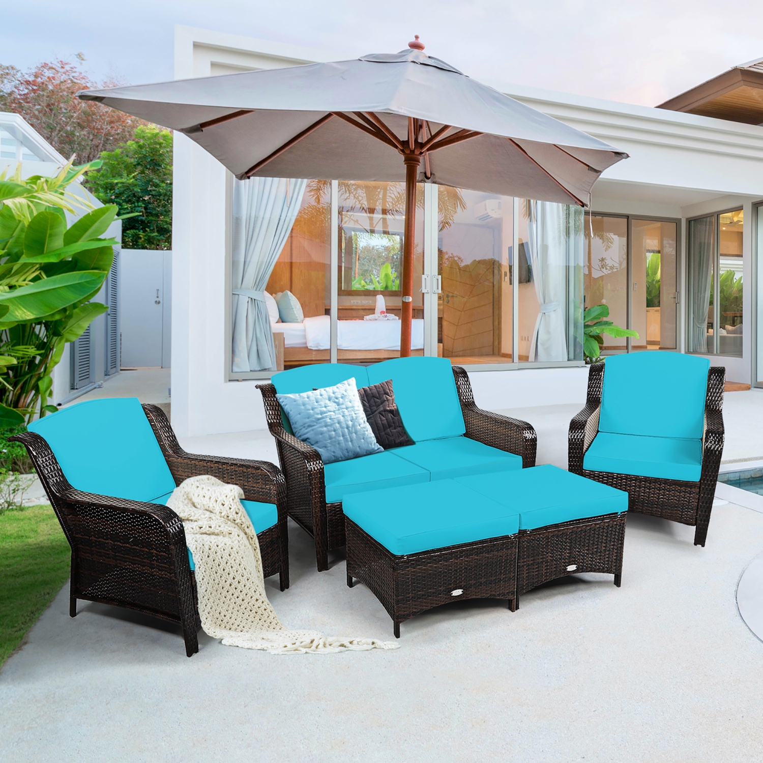Costway 5PCS Patio Rattan Furniture Set Loveseat Sofa Ottoman W/Cushion