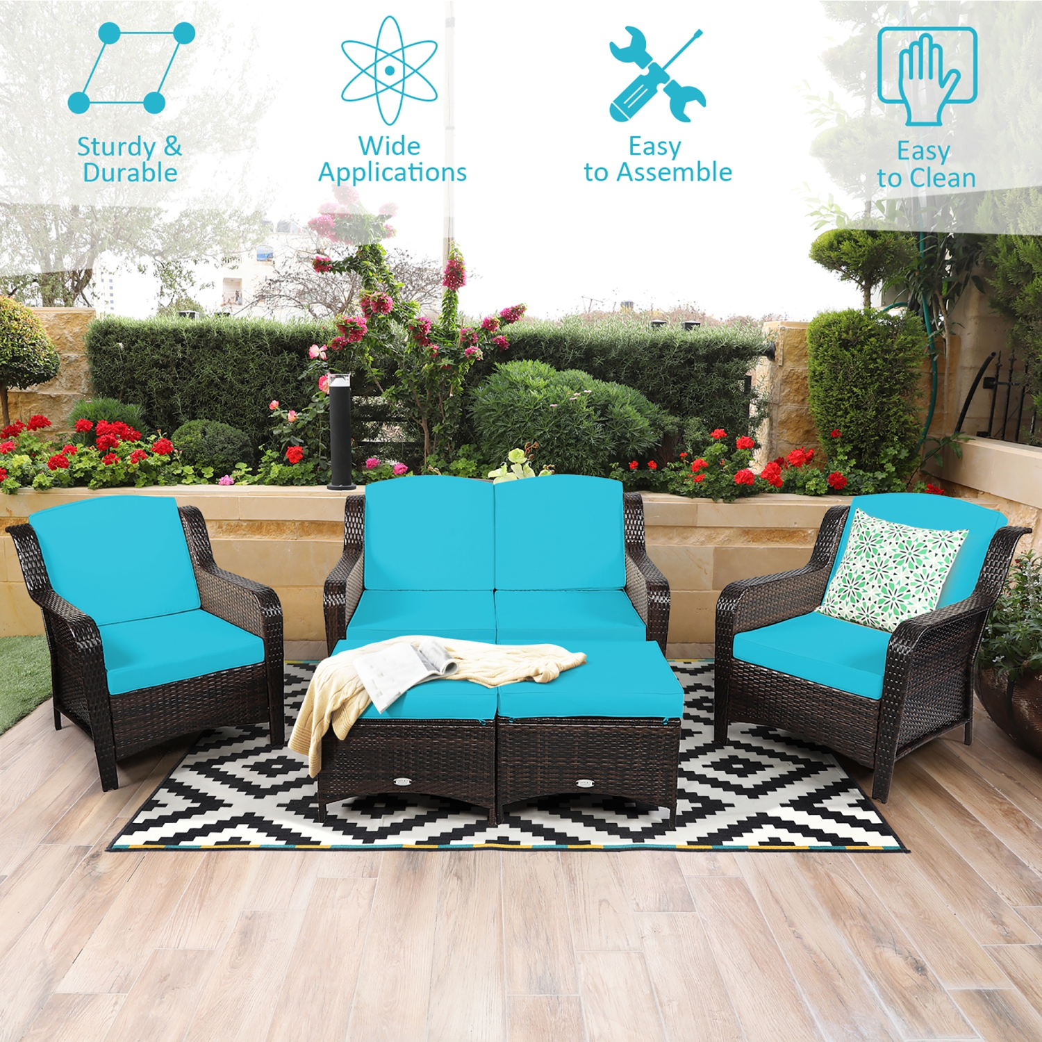Costway 5PCS Patio Rattan Furniture Set Loveseat Sofa Ottoman W/Cushion