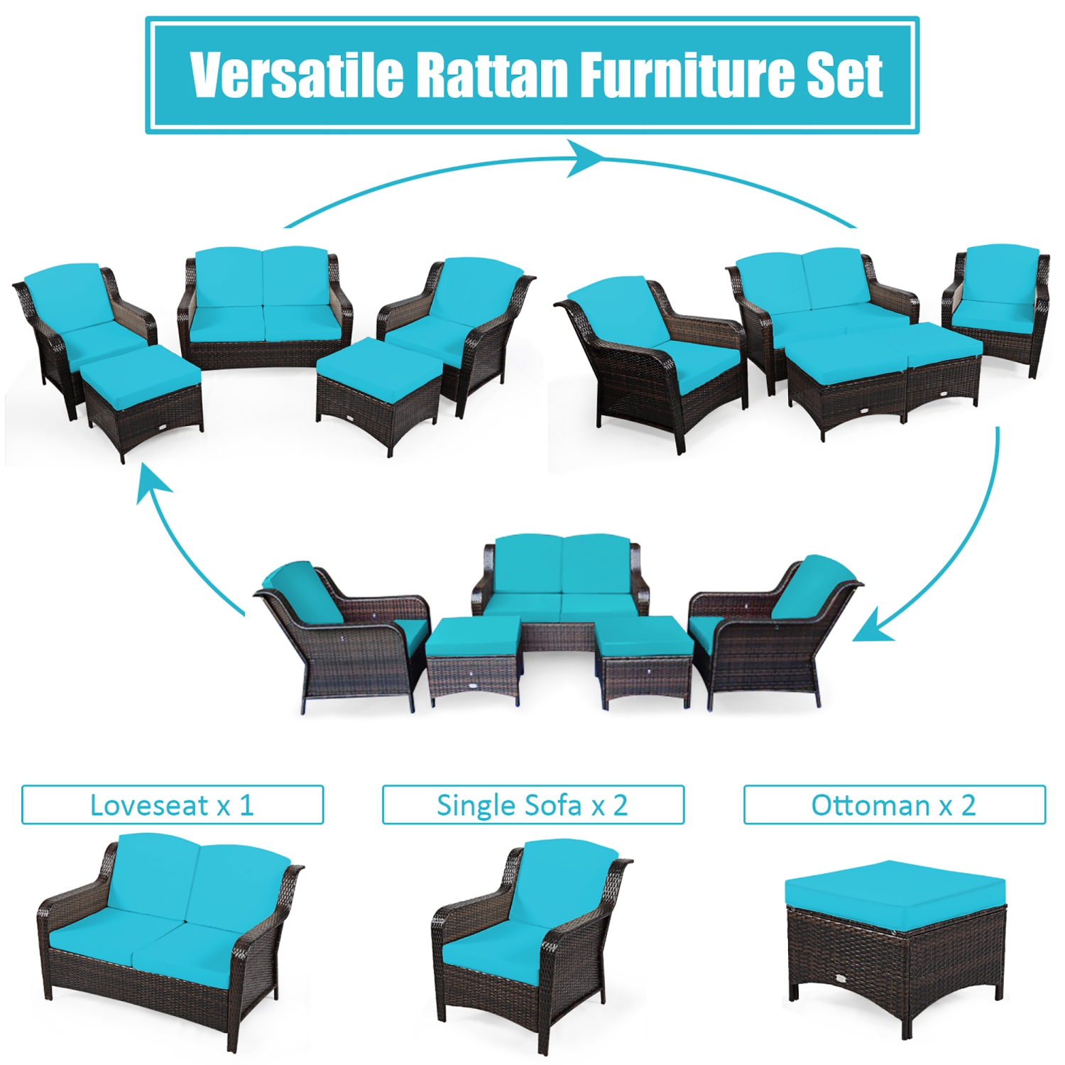 Costway 5PCS Patio Rattan Furniture Set Loveseat Sofa Ottoman W/Cushion