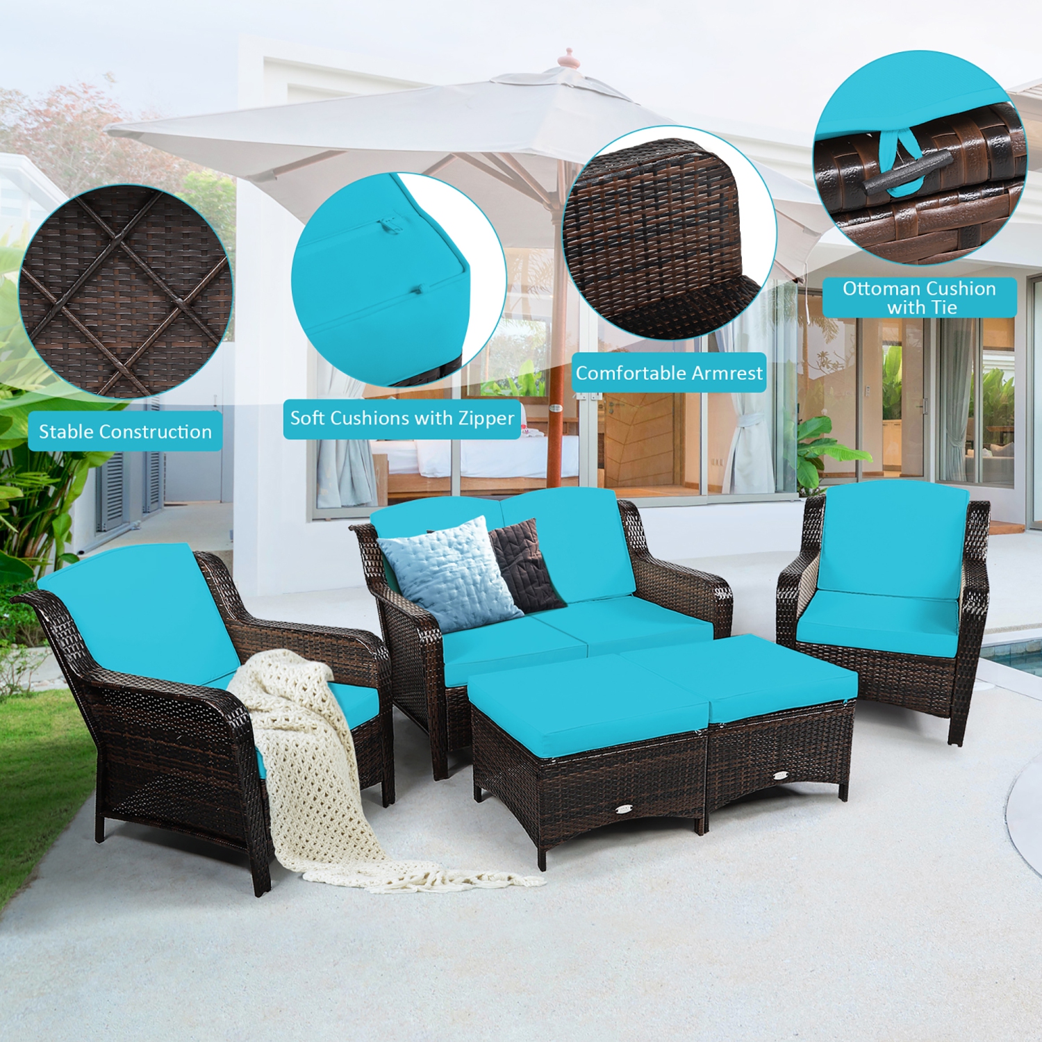 Costway 5PCS Patio Rattan Furniture Set Loveseat Sofa Ottoman W/Cushion