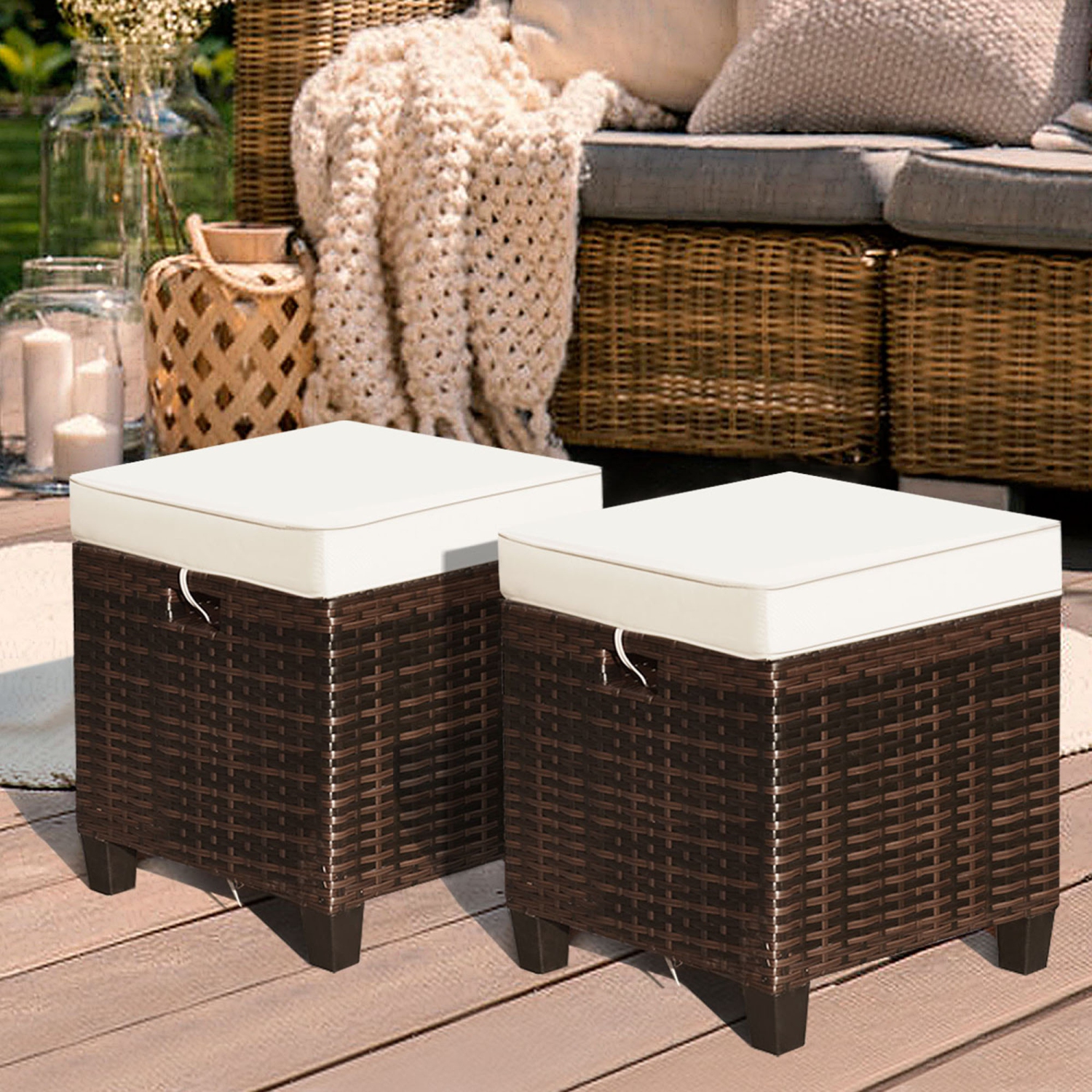 Lot de 2 repose-pieds en rotin Patio pouf extérieur avec coussin marque Gymax