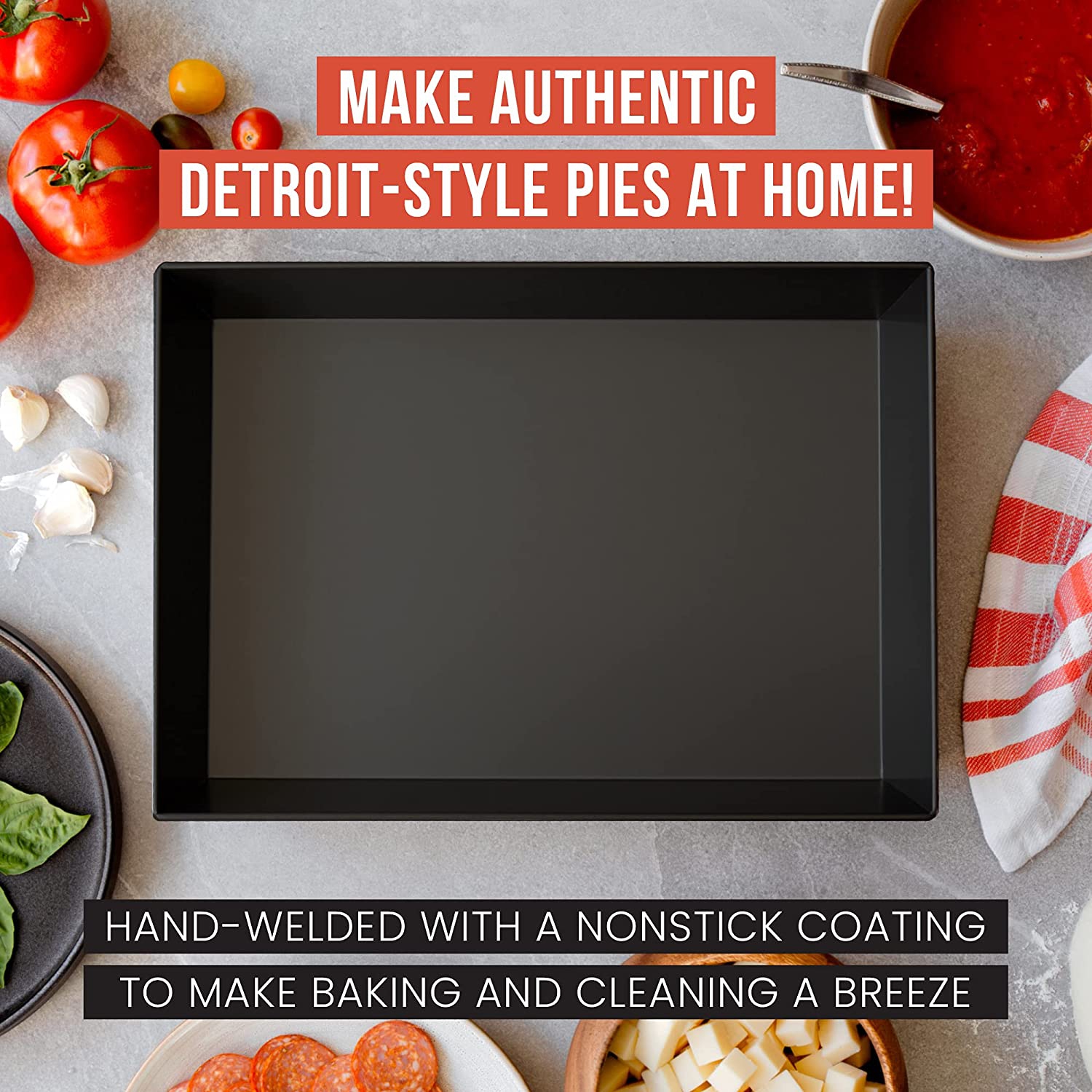 Plaque à pizza de style Detroit chef Pomodoro, 14 x 10 po, en aluminium antiadhésif, ustensiles de cuisine prépatinés