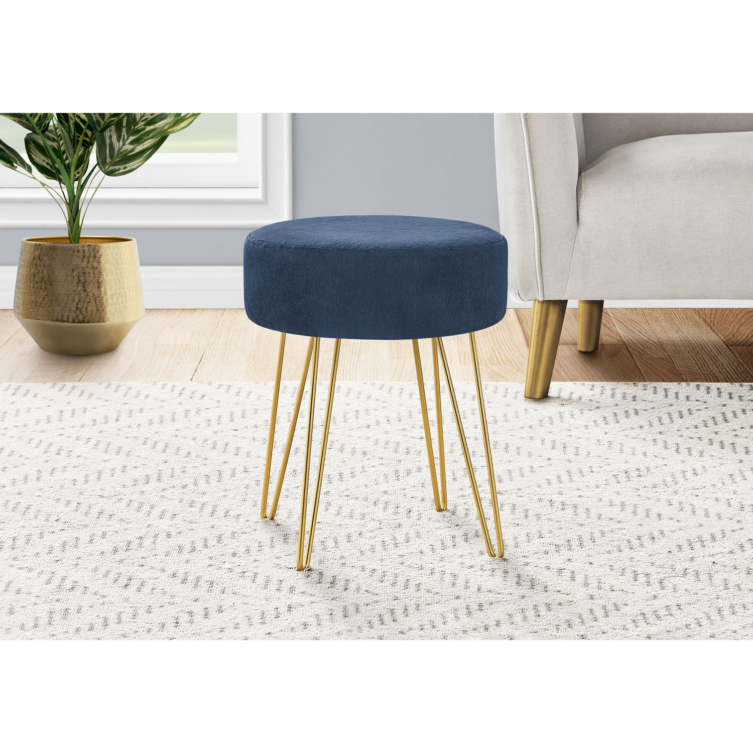 Pouf rond en tissu à pattes effilées de Monarch - Bleu/Doré