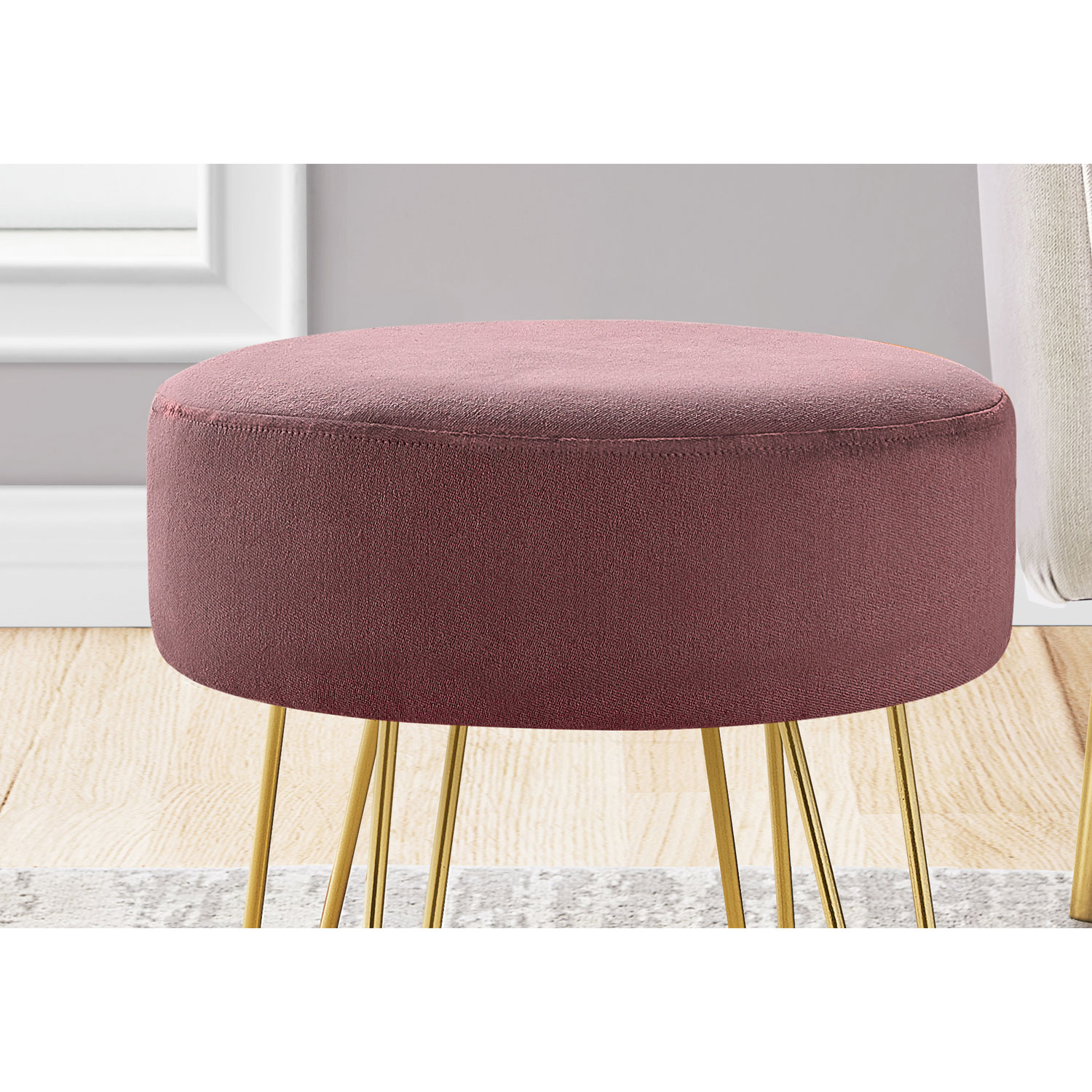 Monarch Round Hairpin-Leg Fabric Ottoman - Plum/Gold