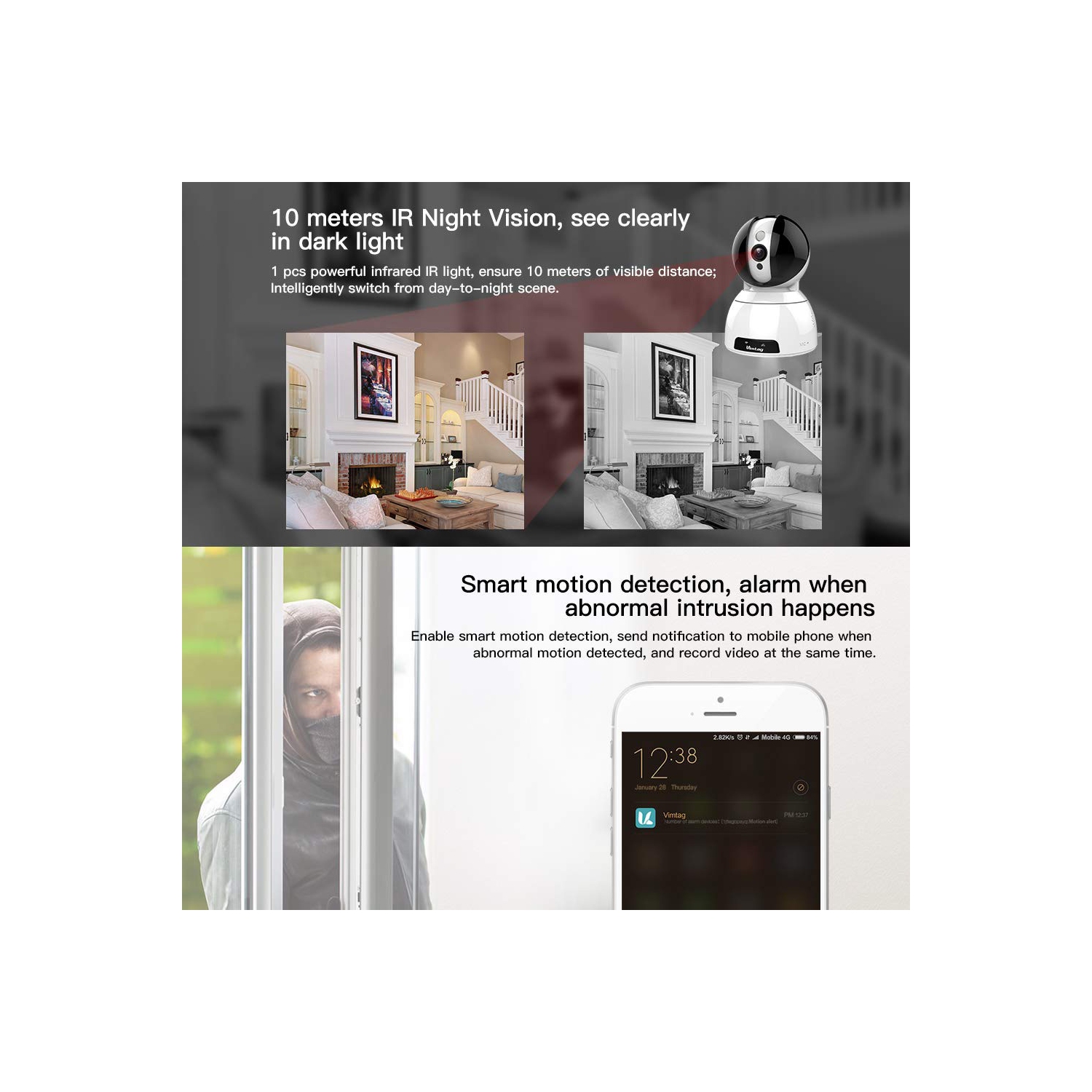 Vimtag P2P Wireless Indoor Camera 4MP, 2 way talk, support 128G microSD