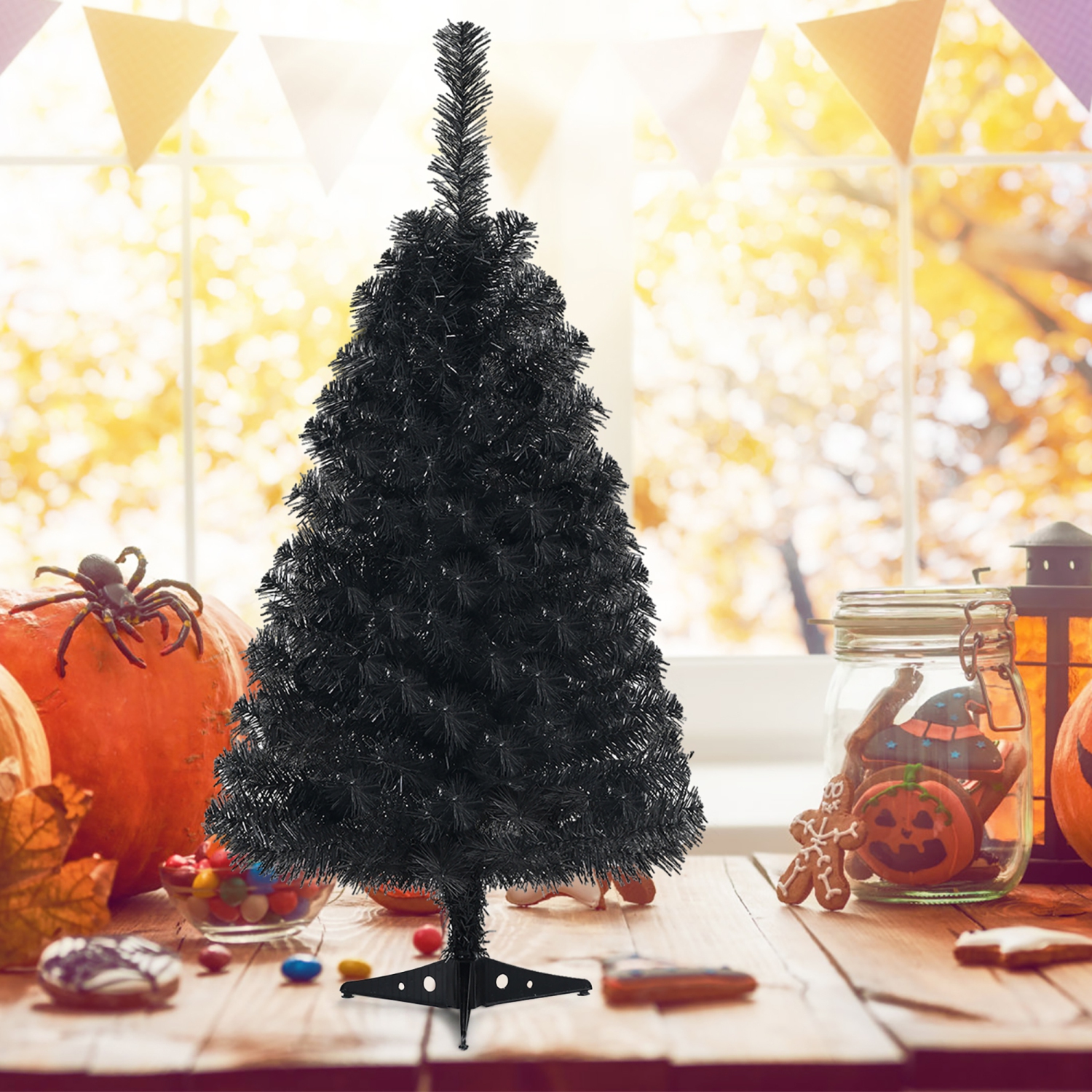 Costway 3ft Unlit Artificial Christmas Halloween Mini Tree Black w/Plastic Stand