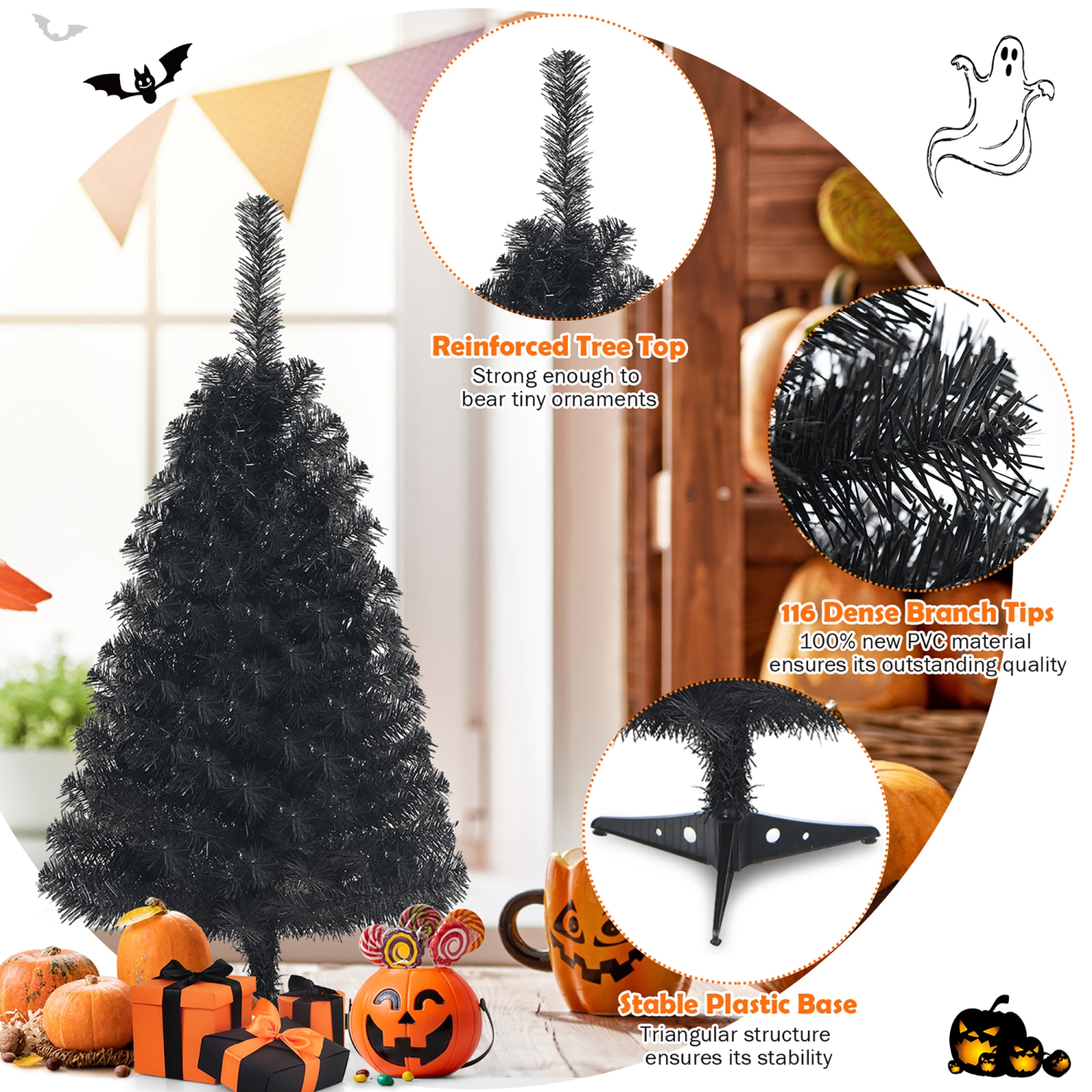 Costway 3ft Unlit Artificial Christmas Halloween Mini Tree Black w/Plastic Stand