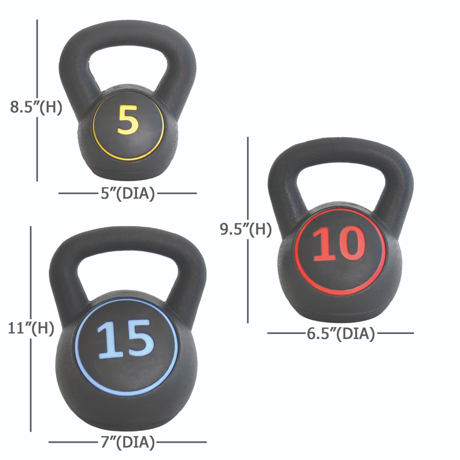 Poids Kettlebell PRISP avec Support de Rangement - Ensemble de 3 Poids libres en PEHD, 5lb 10lb et 15lb