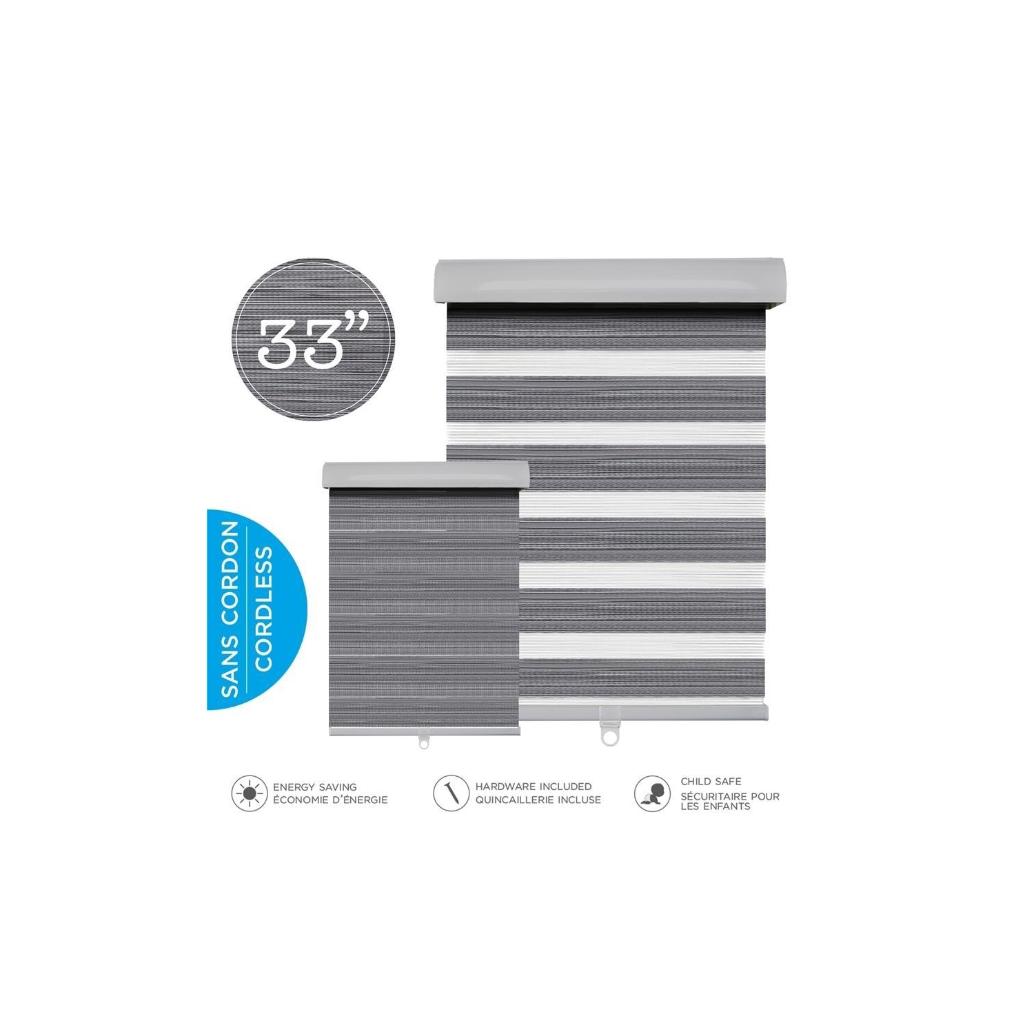 Hauz 3384WDGRYCD - Store de Fenêtre à Toile Alternée 33'' X 84'', Sans Cordon, Grain de Bois Gris