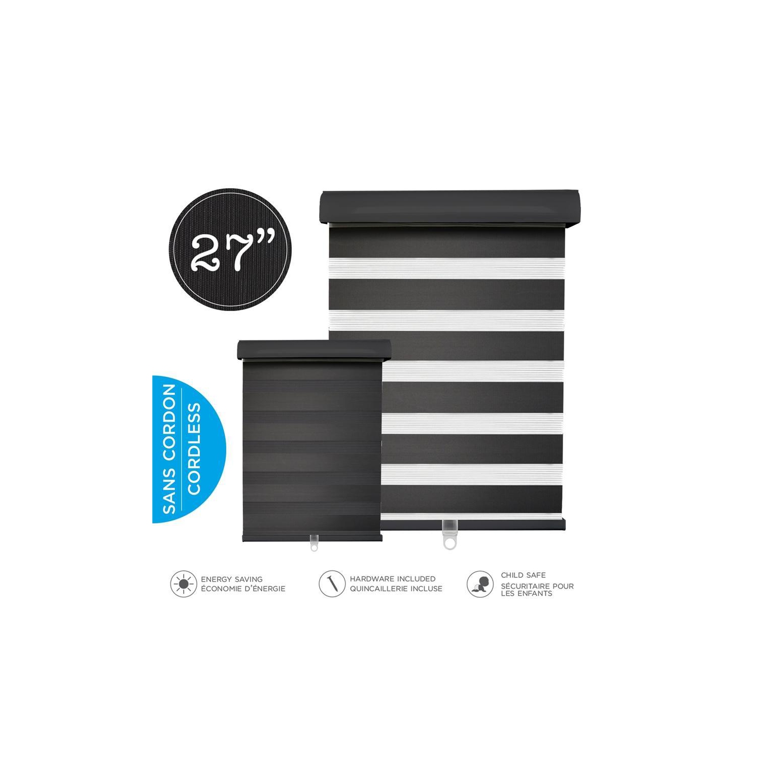 Hauz 2784BLKCD - Store de Fenêtre à Toile Alternée 27'' X 84'', Sans Cordon, Noir