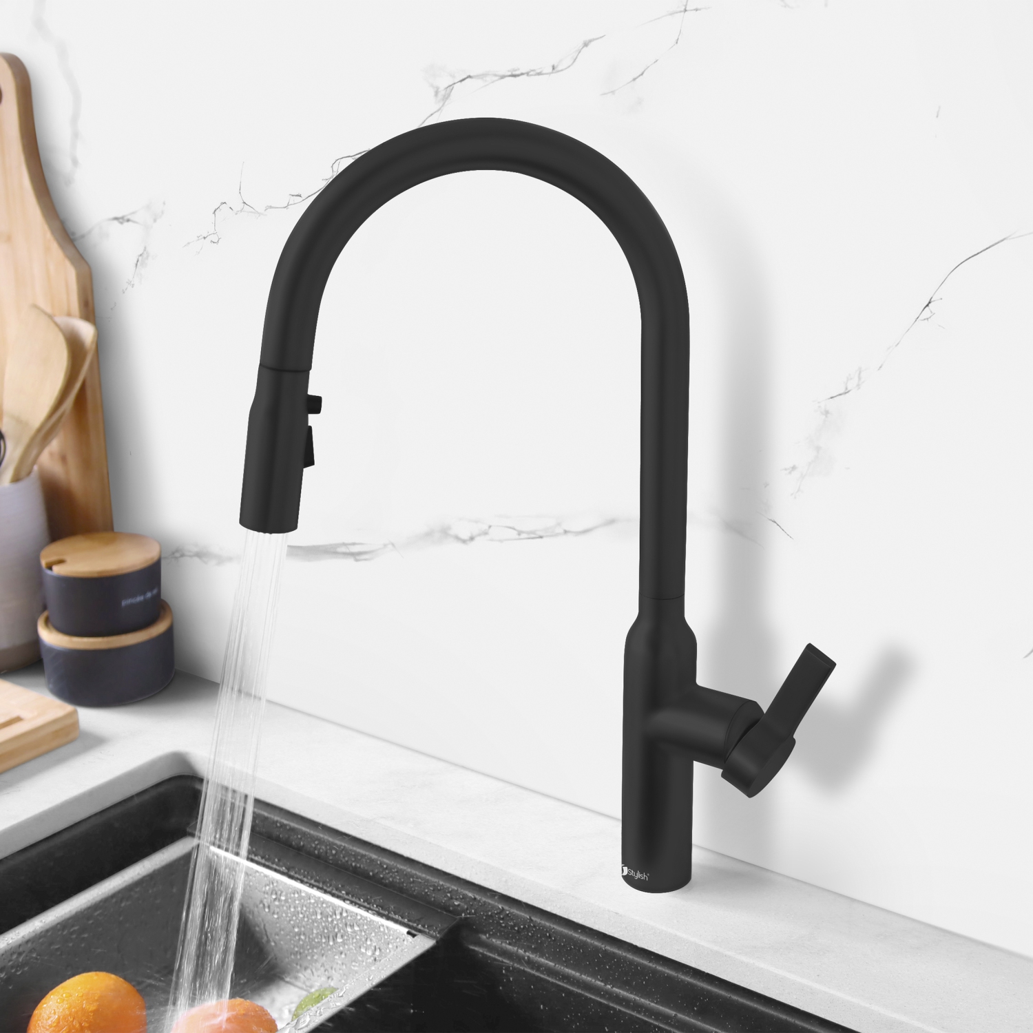 STYLISH Kitchen Sink Faucet Single Handle Pull Down Dual Mode Stainless Steel, Matte Black Finish K-133N