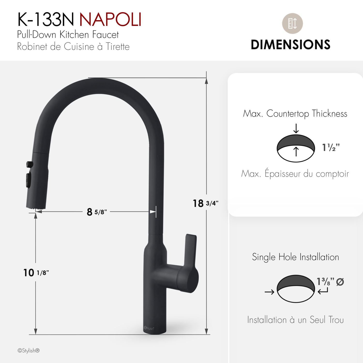 STYLISH Kitchen Sink Faucet Single Handle Pull Down Dual Mode Stainless Steel, Matte Black Finish K-133N