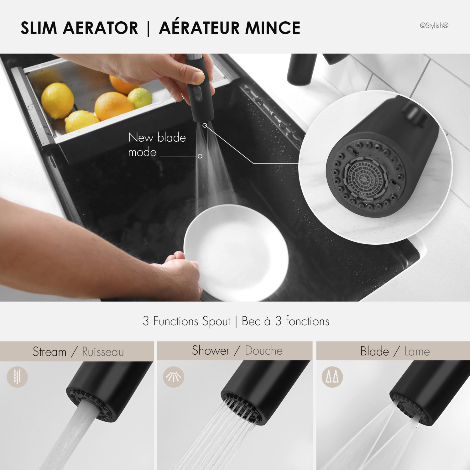 STYLISH Kitchen Sink Faucet Single Handle Pull Down Dual Mode Stainless Steel, Matte Black Finish K-133N