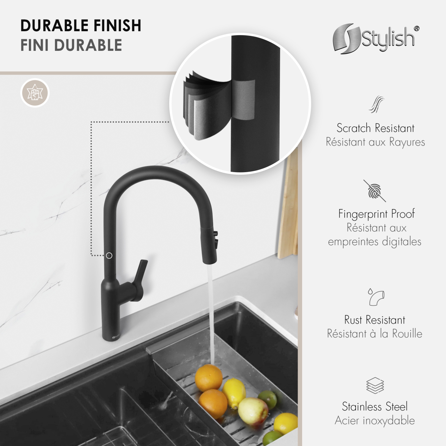 STYLISH Kitchen Sink Faucet Single Handle Pull Down Dual Mode Stainless Steel, Matte Black Finish K-133N