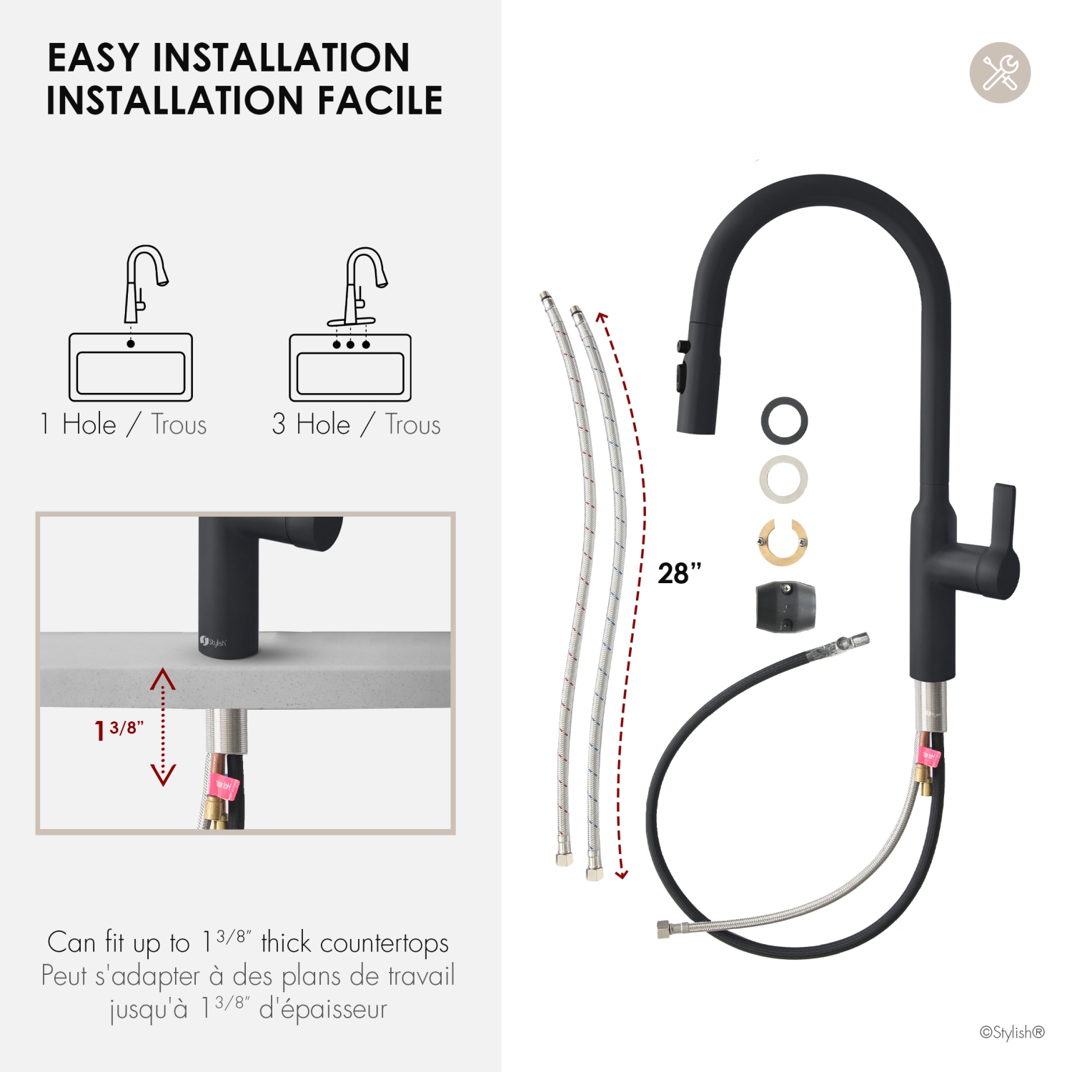 STYLISH Kitchen Sink Faucet Single Handle Pull Down Dual Mode Stainless Steel, Matte Black Finish K-133N