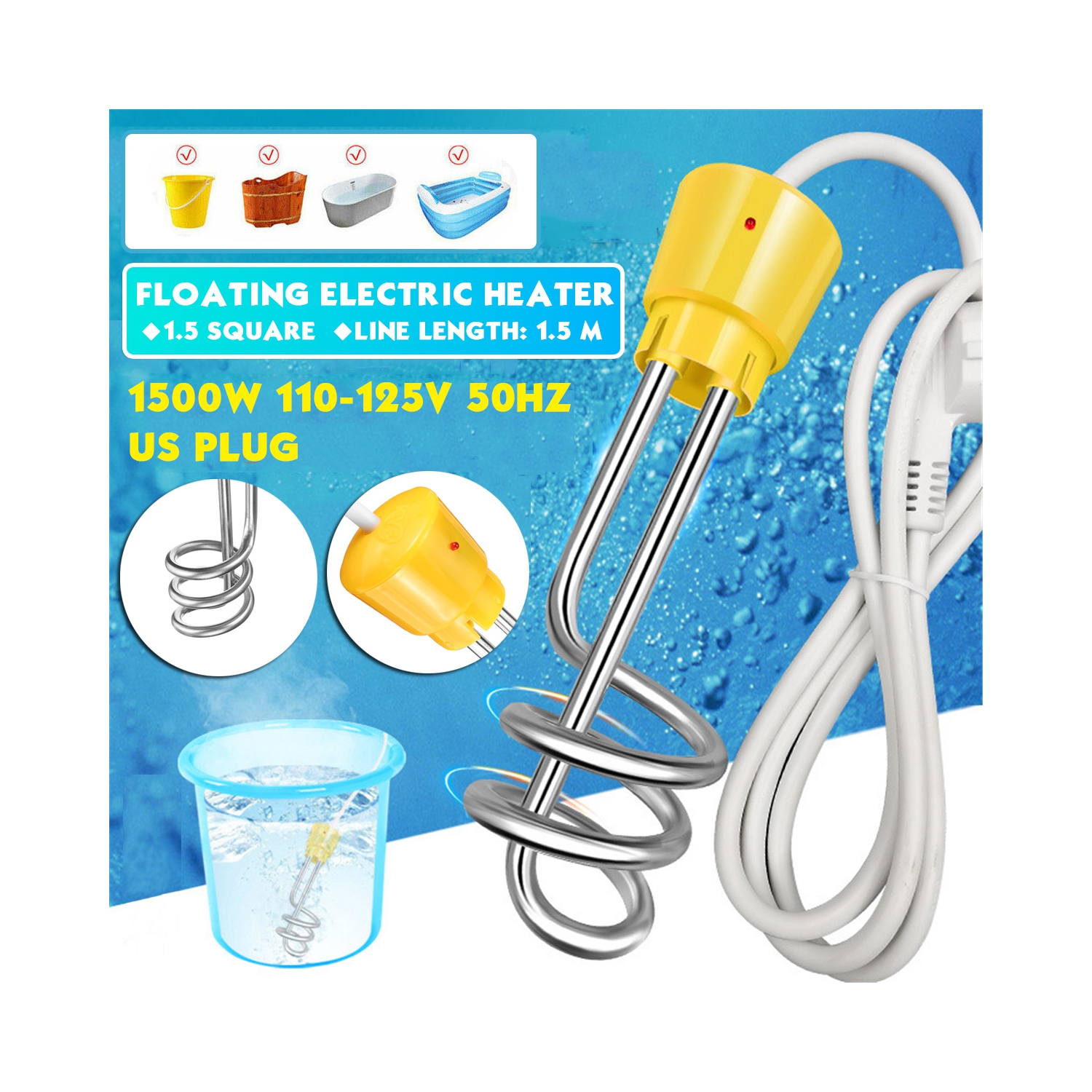 ISTAR 1500W Swimming Pool Water Heater Quick Heater Suspension Electric Heating Rod for Inflatable Tub Travel Camping