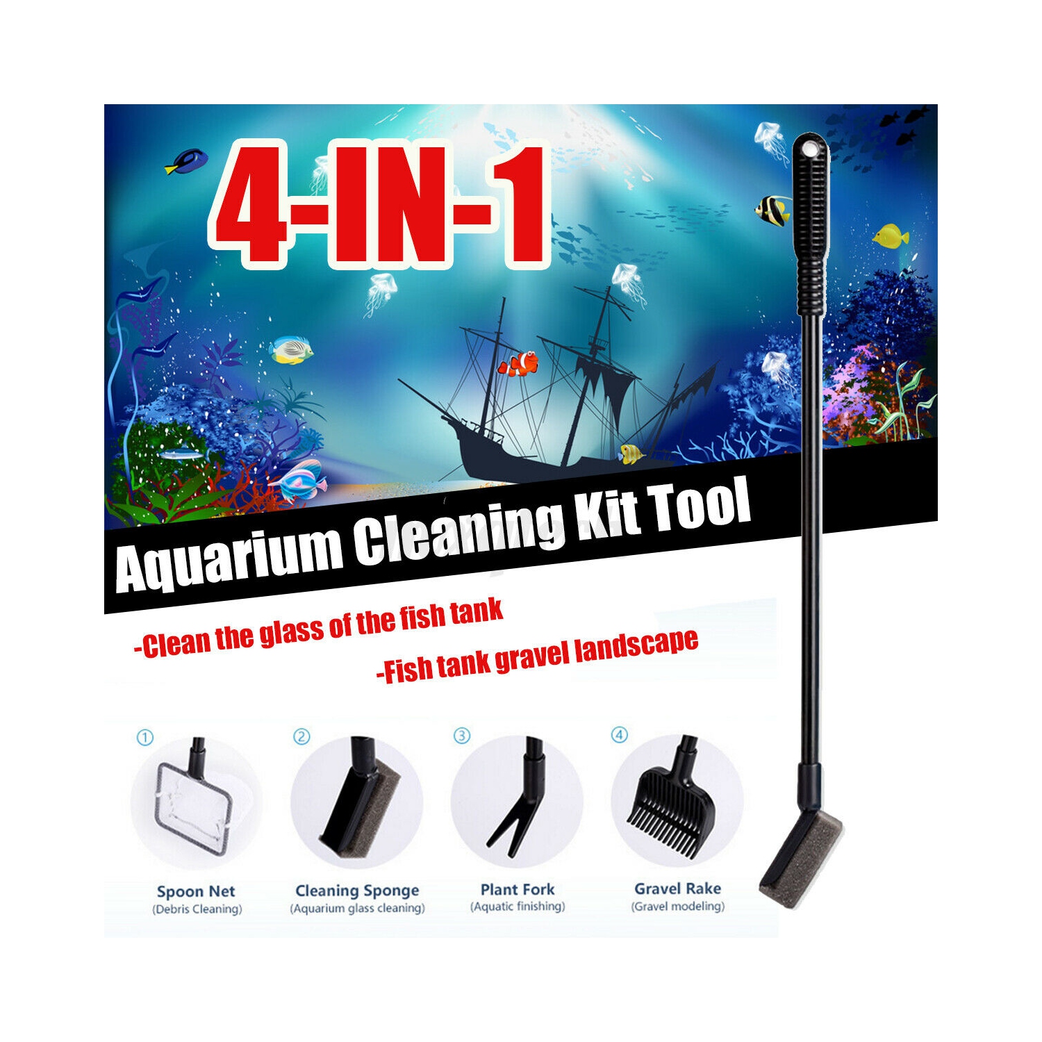 ISTAR 4 in 1 Aquarium Fish Tank Cleaning Tools Functional Long Handle Clean Brush for Fish Tank Cleaning