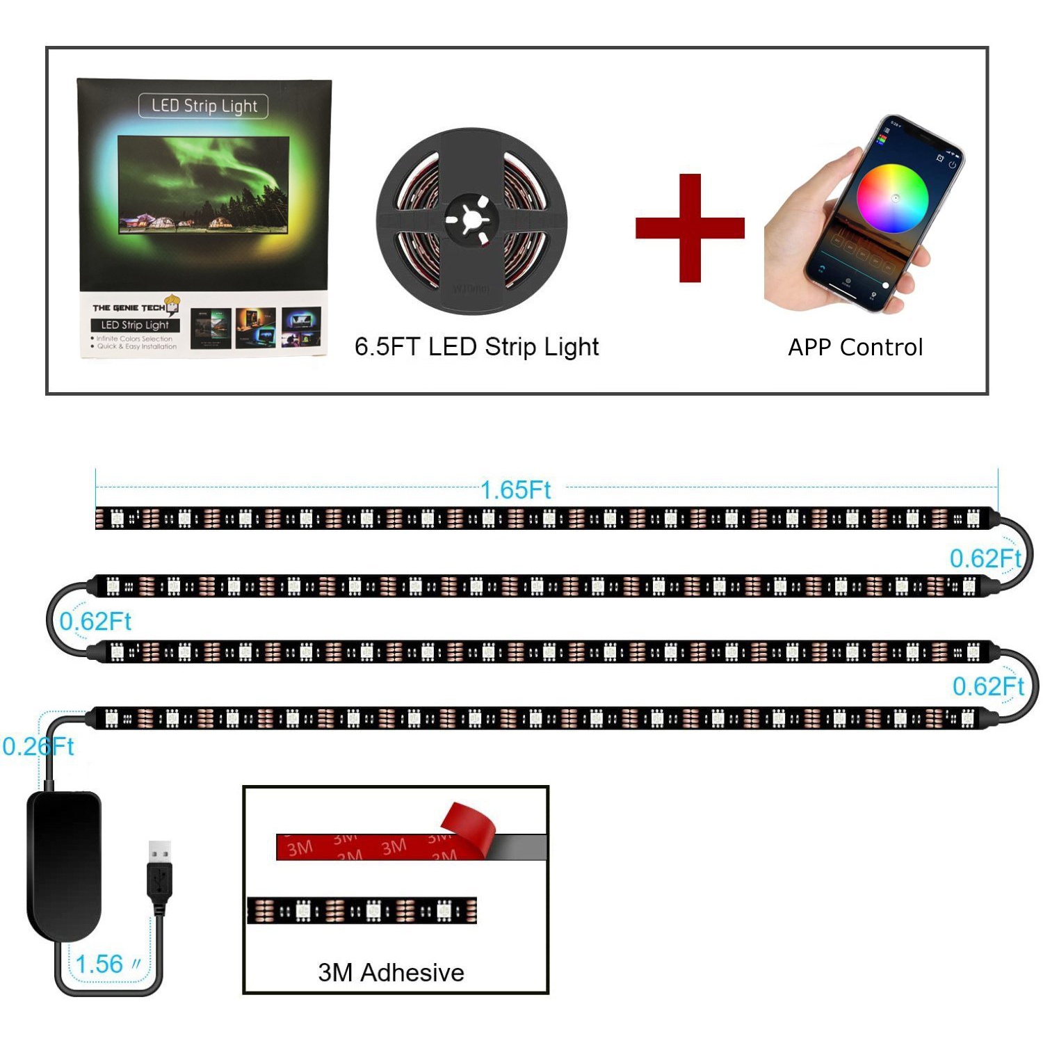 RGB TV LED Backlight Strip USB Powered, 24in-60in,Bluetooth APP