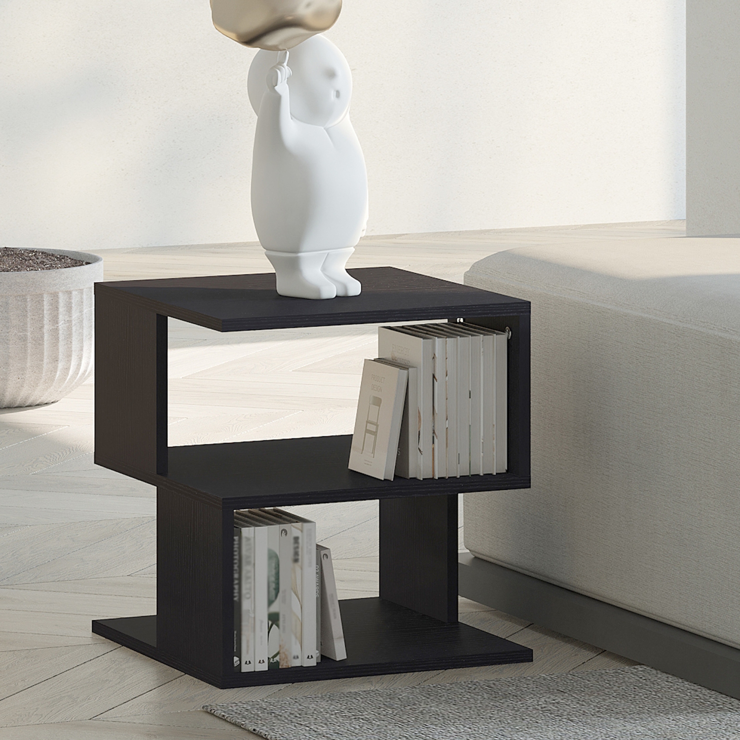 HOMCOM Side Table with Storage, Small End Table with 3-Tier Shelf, Square Coffee Table for Living Room, Bedroom, Black