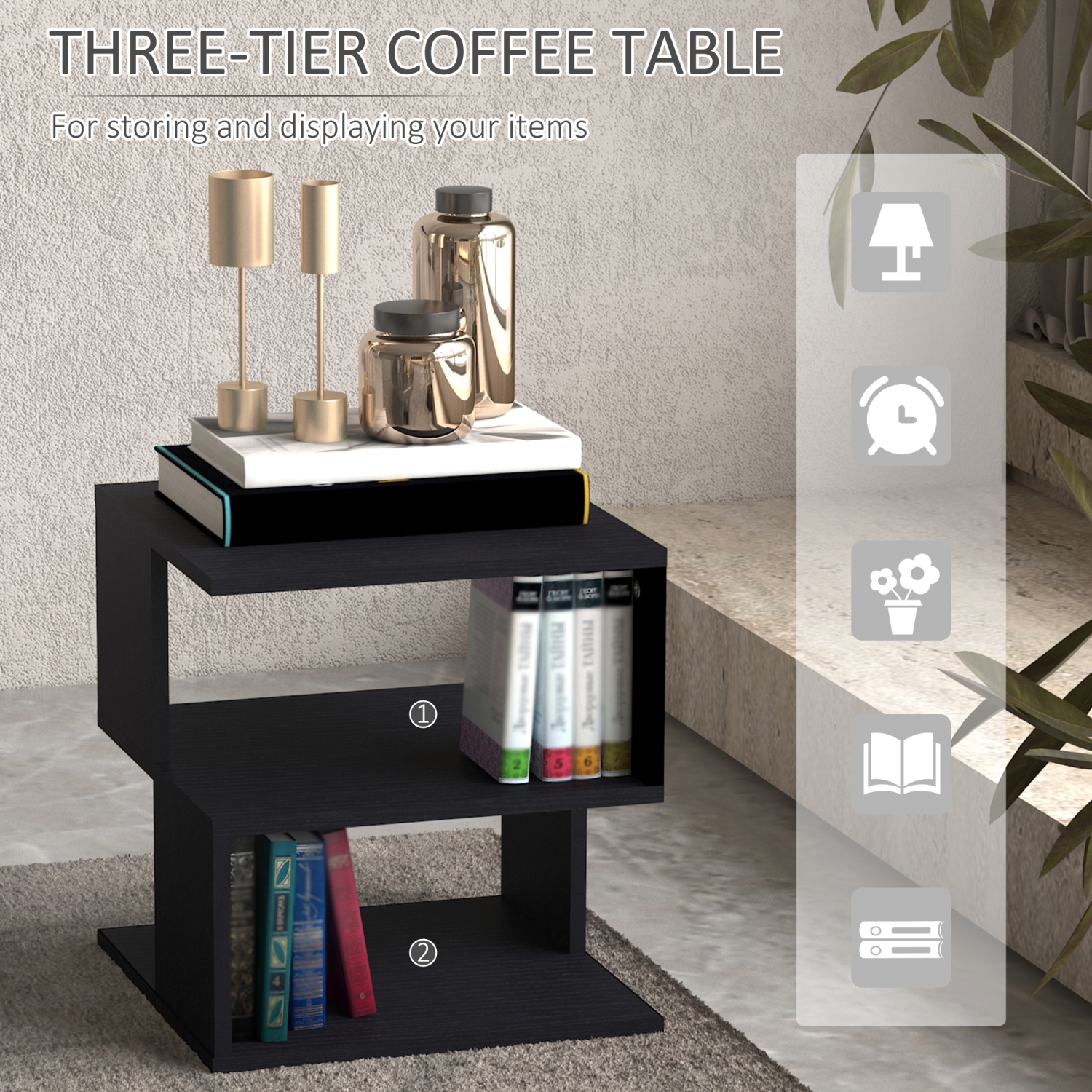 HOMCOM Side Table with Storage, Small End Table with 3-Tier Shelf, Square Coffee Table for Living Room, Bedroom, Black