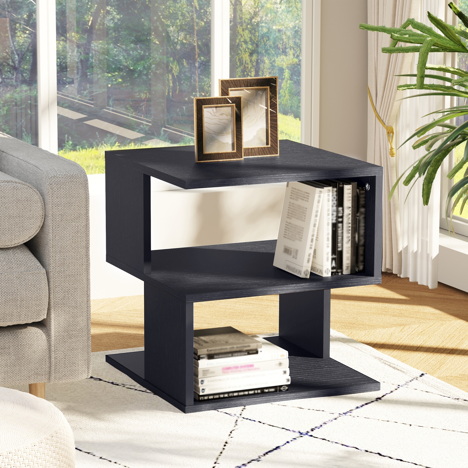 HOMCOM Side Table with Storage, Small End Table with 3-Tier Shelf, Square Coffee Table for Living Room, Bedroom, Black