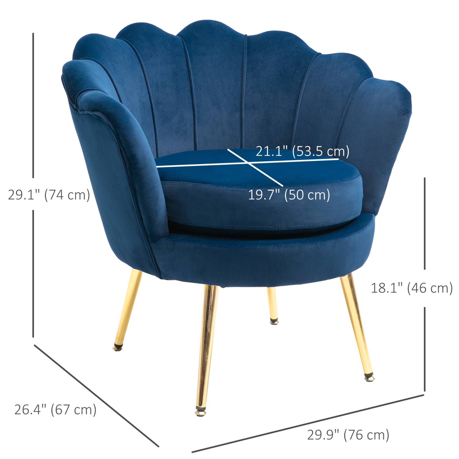 HOMCOM Chaise d'appoint moderne en tissu velours au toucher avec pieds en métal doré pour salon, bleu