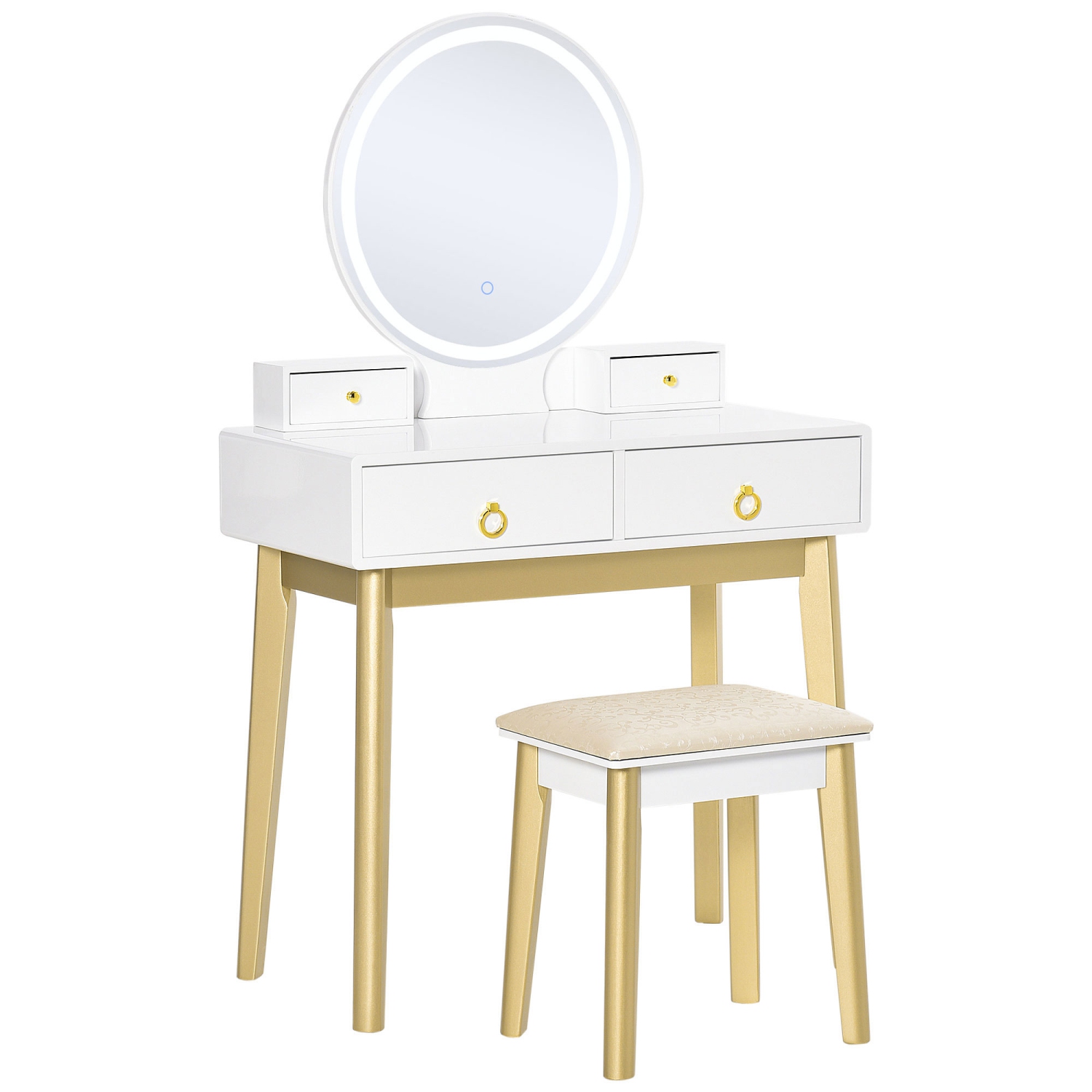 HOMCOM Vanity Table Set with Round Mirror, Built-in 3 Color LED Light, Makeup Dressing Table with 4 Drawers and Cushioned Stool for Bedroom, White