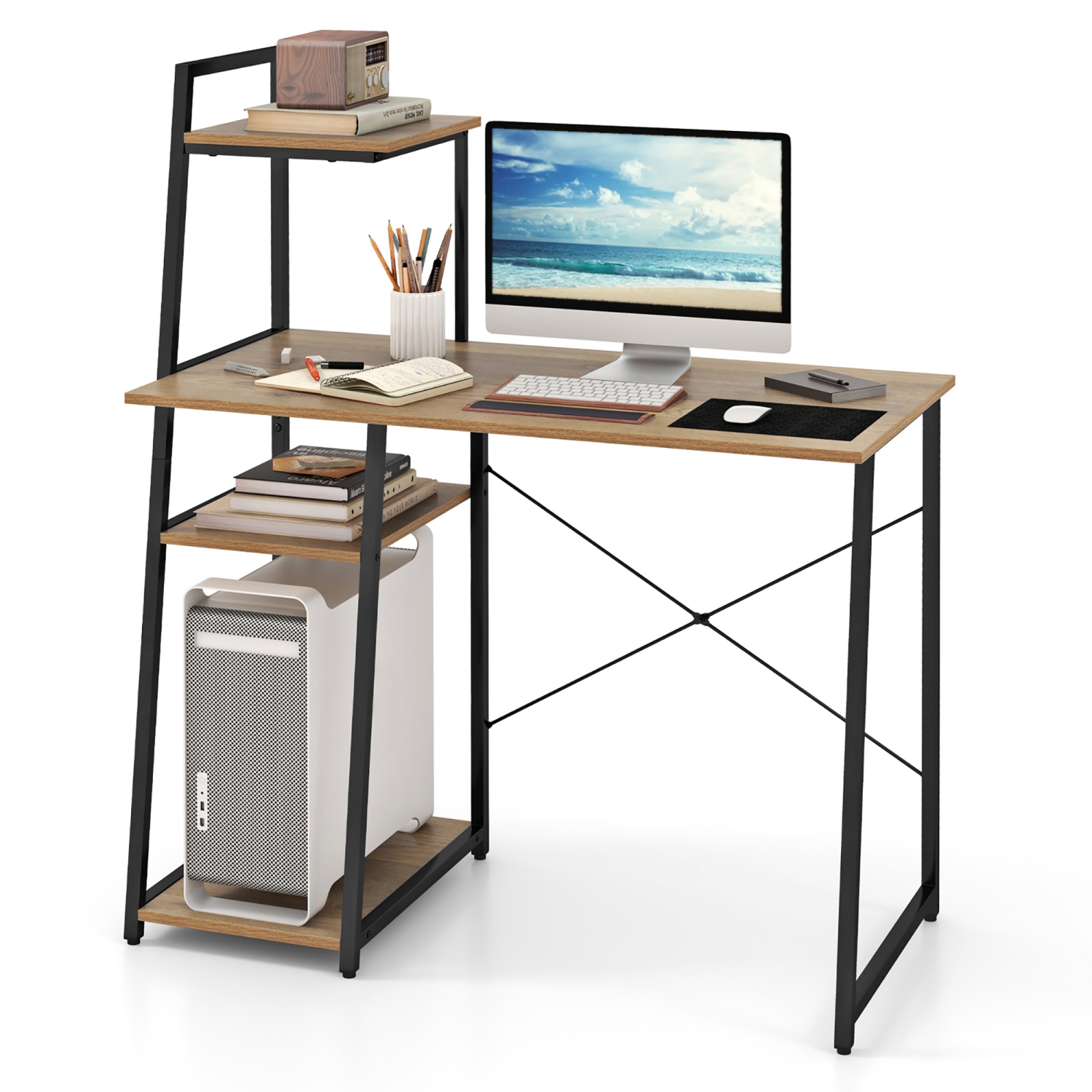 Gymax Computer Study Desk Writing Table Workstation w/ 4-Tier Storage Shelves