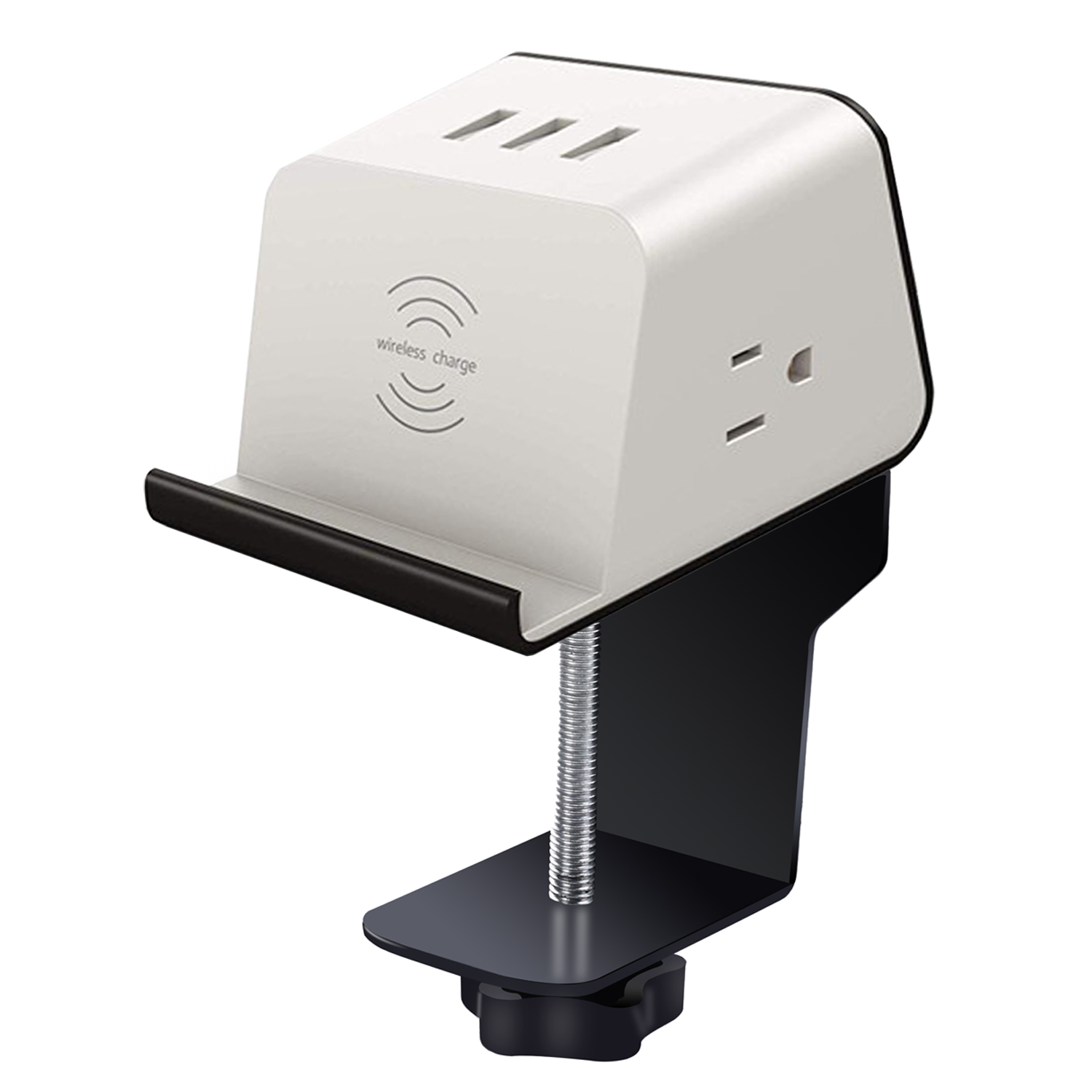 Clamp-on Wireless Charger Power Socket with Qi Charger, Multiple USB Ports, and Multiple Power Outlets