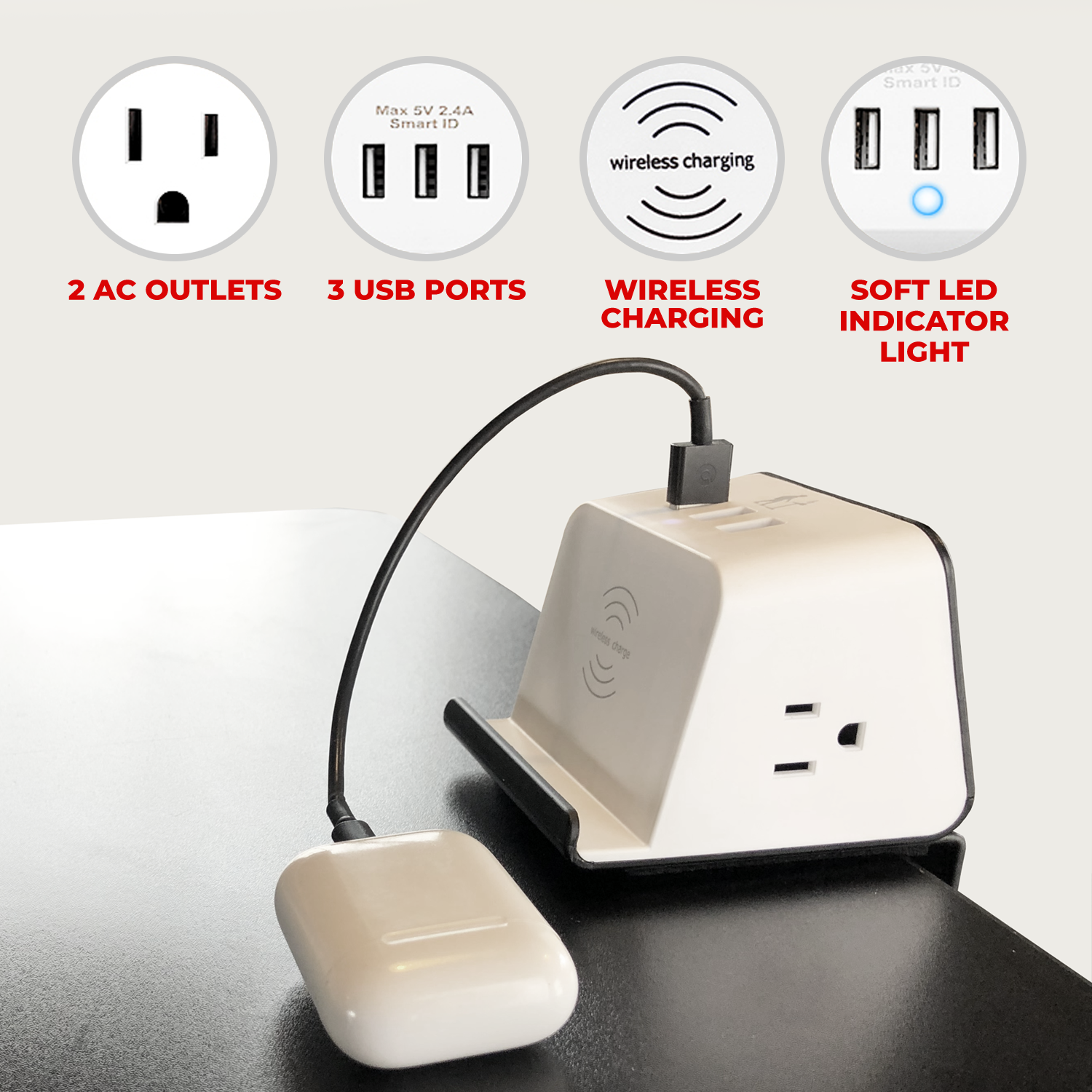 Clamp-on Wireless Charger Power Socket with Qi Charger, Multiple USB Ports, and Multiple Power Outlets