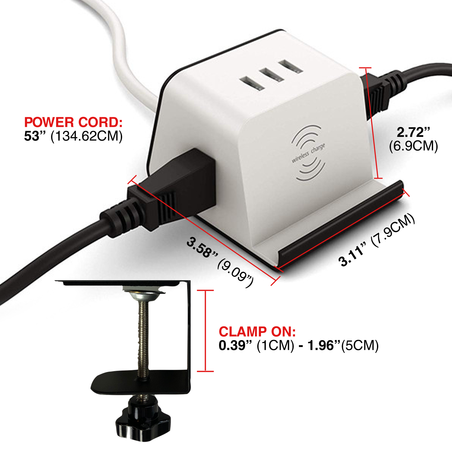 Clamp-on Wireless Charger Power Socket with Qi Charger, Multiple USB Ports, and Multiple Power Outlets