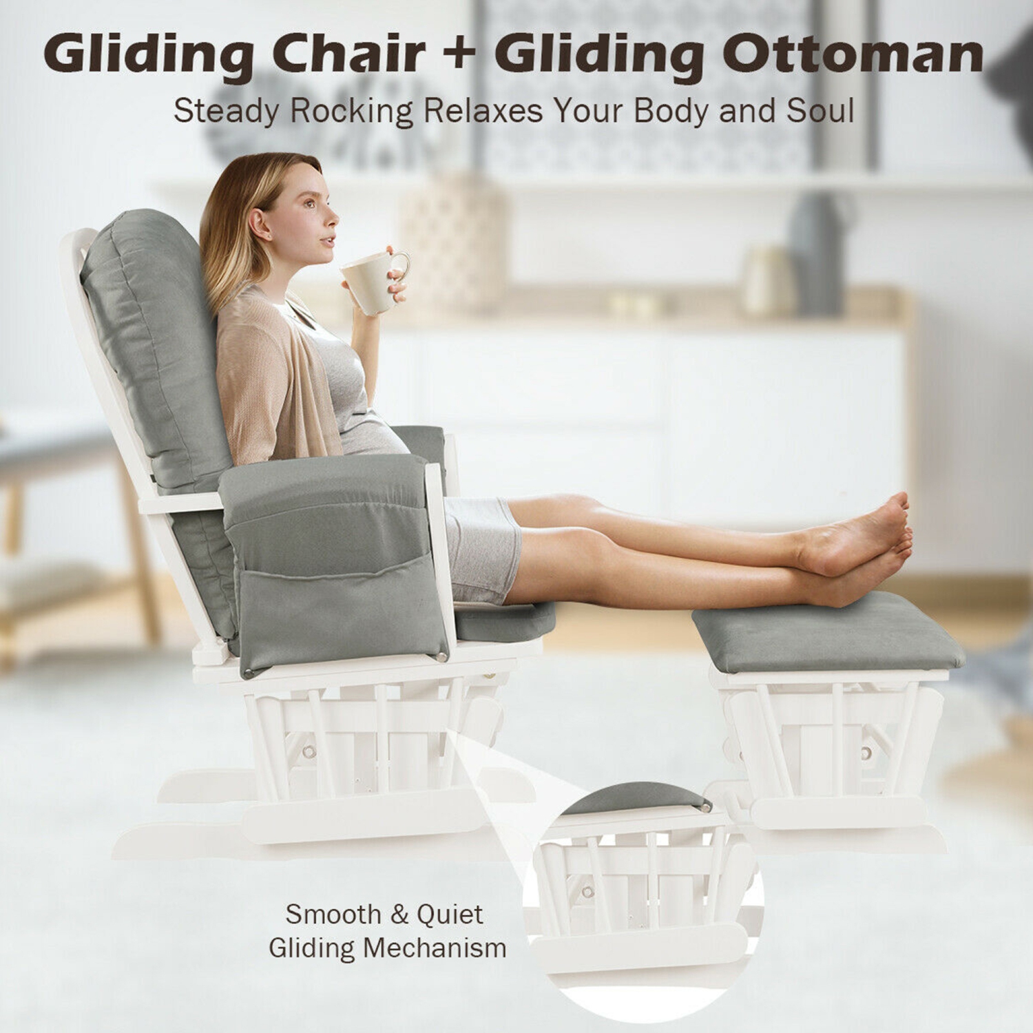 Gymax Glider and Ottoman Cushion Set Wood Baby Nursery Rocking Chair