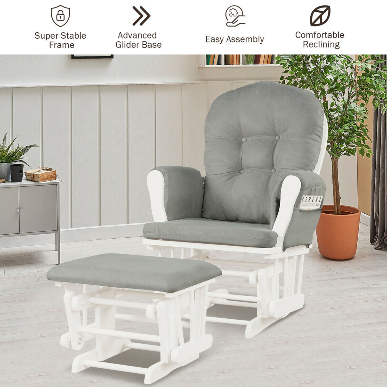 Gymax Glider and Ottoman Cushion Set Wood Baby Nursery Rocking Chair